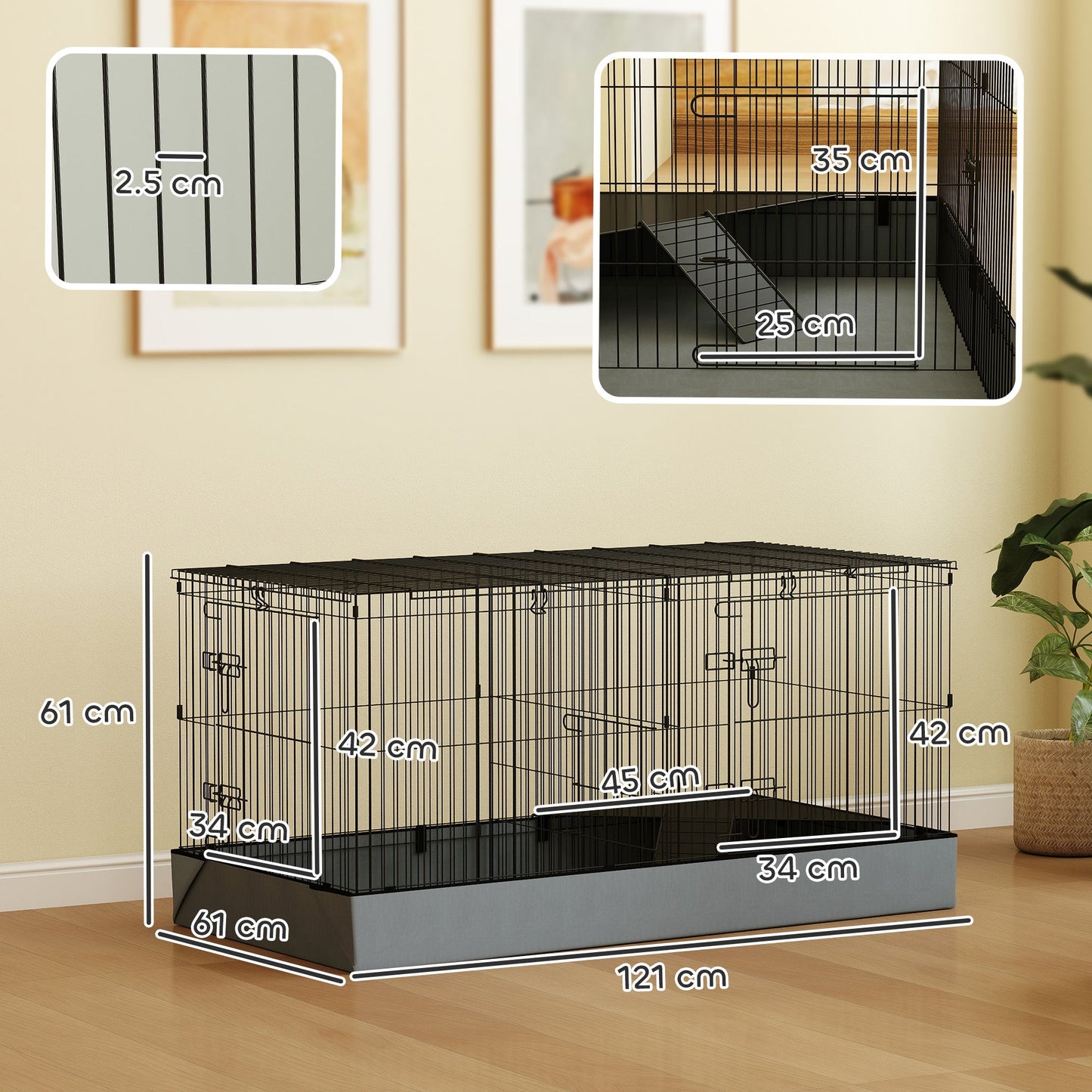 Guinea Pig Cage, 2 in 1 Rabbit Cage Pet Playpen with Removable Top, 2 Separate Area, Waterproof Oxford Fabric Floor, Perch, Ramp, Small Animal Cage for Guinea Pigs, Bunnies, Hedgehogs, Black