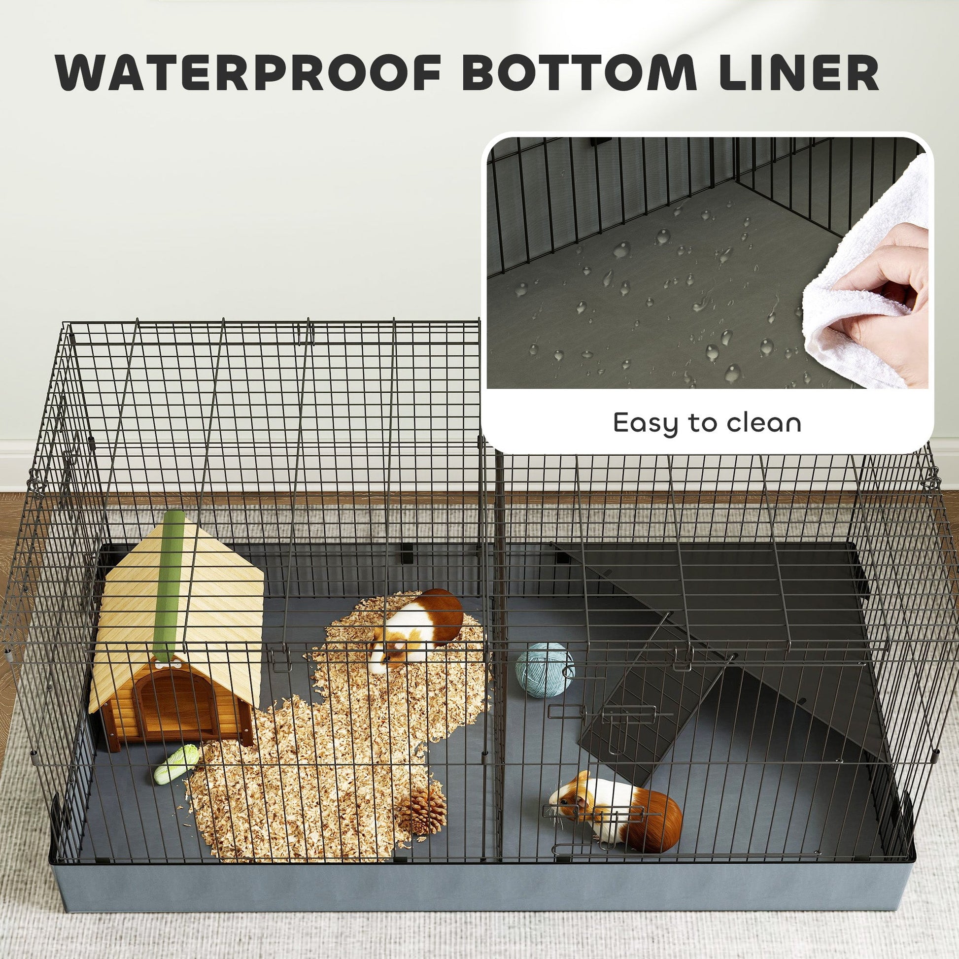 Guinea Pig Cage, 2 in 1 Rabbit Cage Pet Playpen with Removable Top, 2 Separate Area, Waterproof Oxford Fabric Floor, Perch, Ramp, Small Animal Cage for Guinea Pigs, Bunnies, Hedgehogs, Black