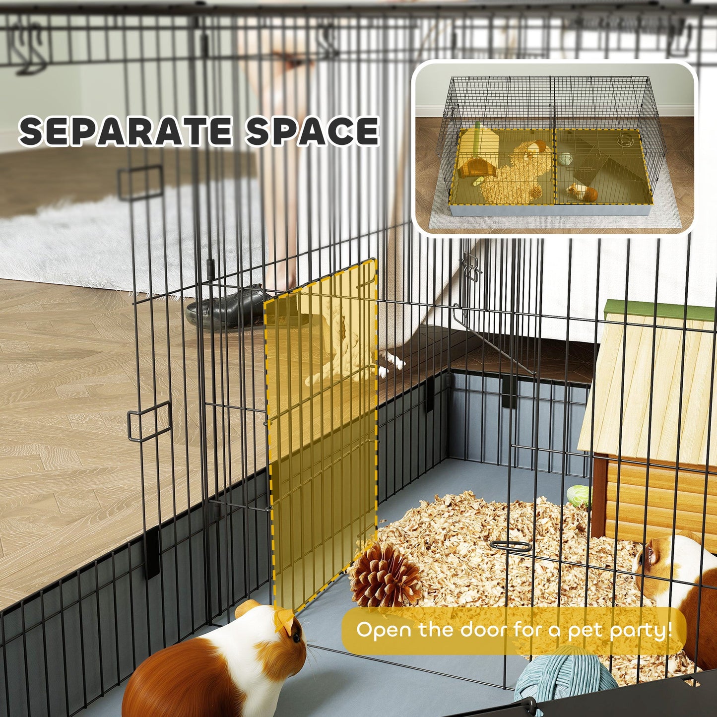 Guinea Pig Cage, 2 in 1 Rabbit Cage Pet Playpen with Removable Top, 2 Separate Area, Waterproof Oxford Fabric Floor, Perch, Ramp, Small Animal Cage for Guinea Pigs, Bunnies, Hedgehogs, Black