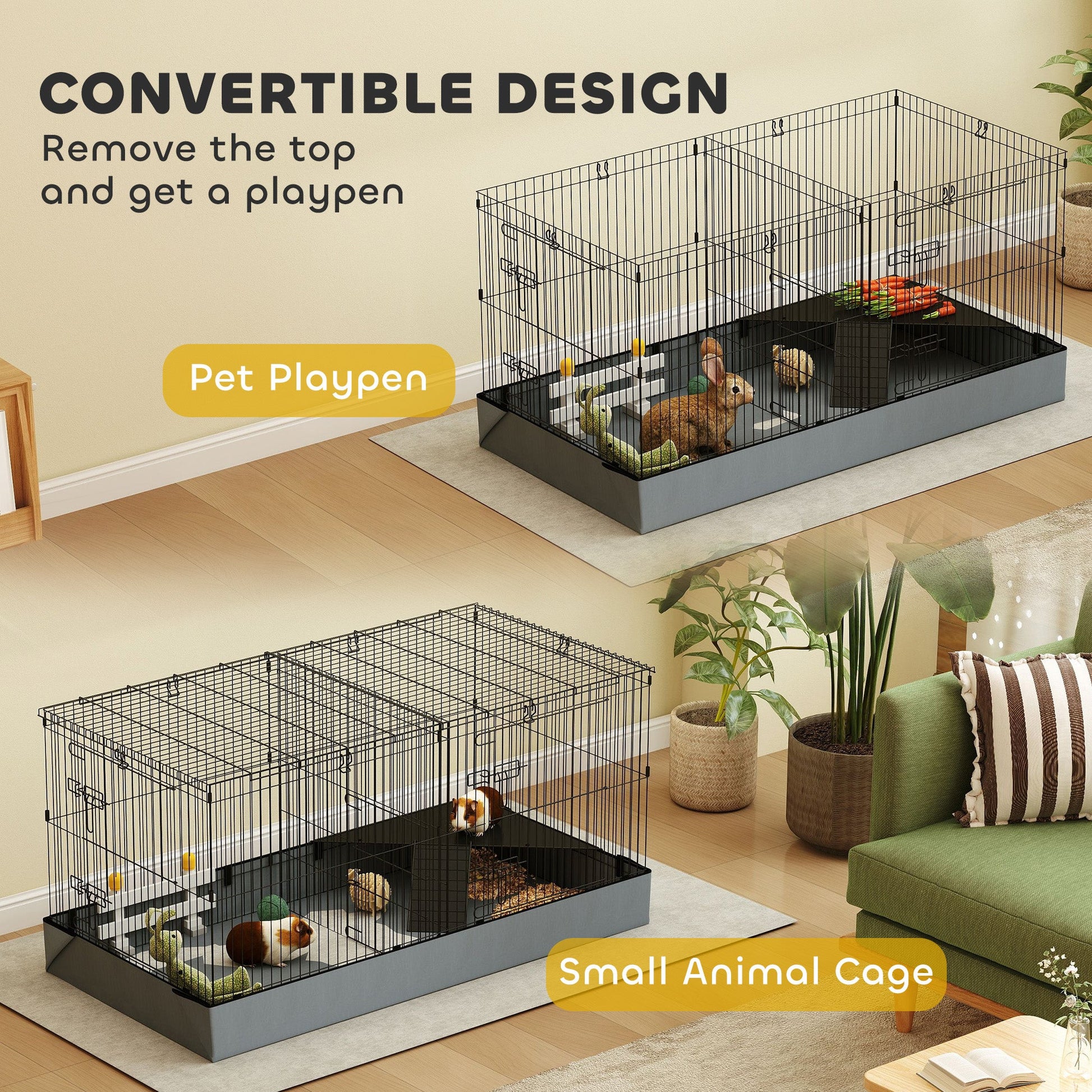 Guinea Pig Cage, 2 in 1 Rabbit Cage Pet Playpen with Removable Top, 2 Separate Area, Waterproof Oxford Fabric Floor, Perch, Ramp, Small Animal Cage for Guinea Pigs, Bunnies, Hedgehogs, Black