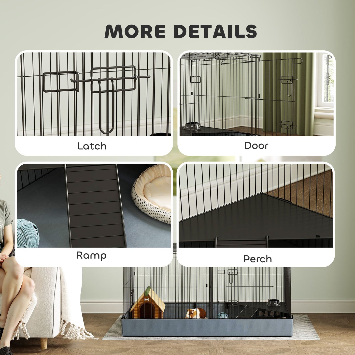 Guinea Pig Cage, 2 in 1 Rabbit Cage Pet Playpen with Removable Top, 2 Separate Area, Waterproof Oxford Fabric Floor, Perch, Ramp, Small Animal Cage for Guinea Pigs, Bunnies, Hedgehogs, Black
