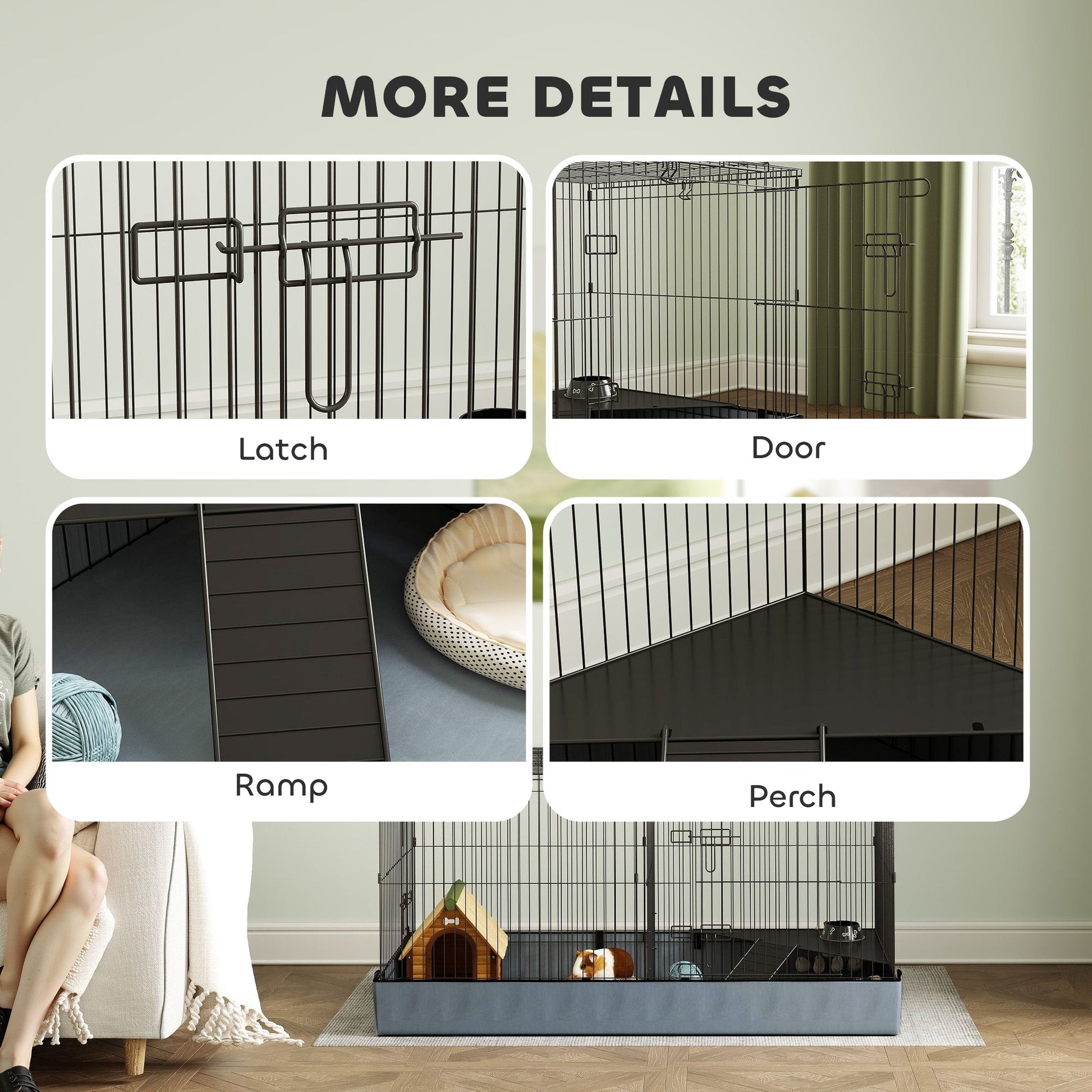 Guinea Pig Cage, 2 in 1 Rabbit Cage Pet Playpen with Removable Top, 2 Separate Area, Waterproof Oxford Fabric Floor, Perch, Ramp, Small Animal Cage for Guinea Pigs, Bunnies, Hedgehogs, Black