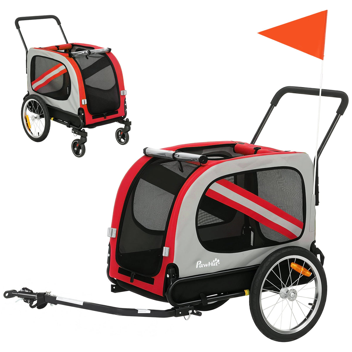 Dog Bike Trailer, 2 in 1 Foldable Pet Stroller Security Harness, Reflectors, Quick Release Wheels, Flag, for Medium Dogs, Red