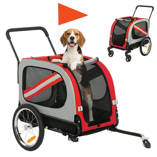Dog Bike Trailer, 2 in 1 Foldable Pet Stroller Security Harness, Reflectors, Quick Release Wheels, Flag, for Medium Dogs, Red