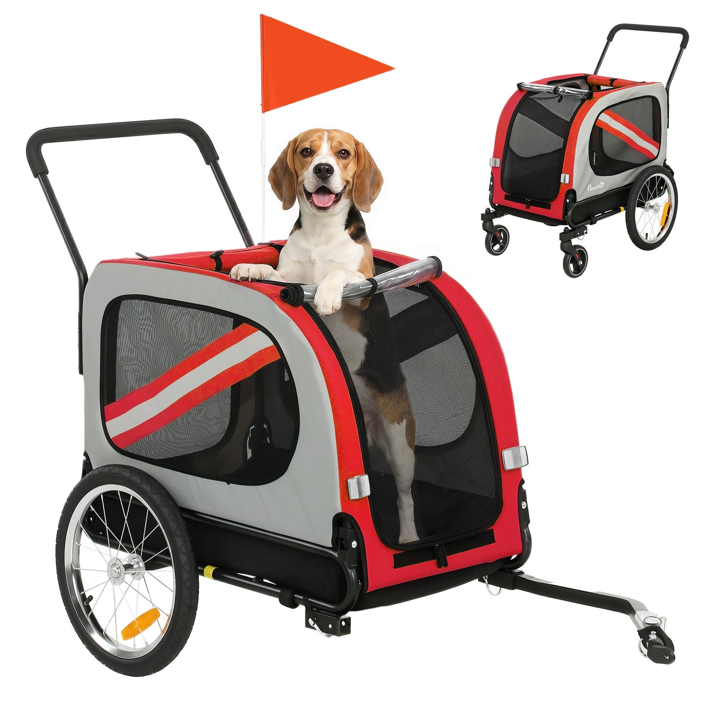 Dog Bike Trailer, 2 in 1 Foldable Pet Stroller Security Harness, Reflectors, Quick Release Wheels, Flag, for Medium Dogs, Red