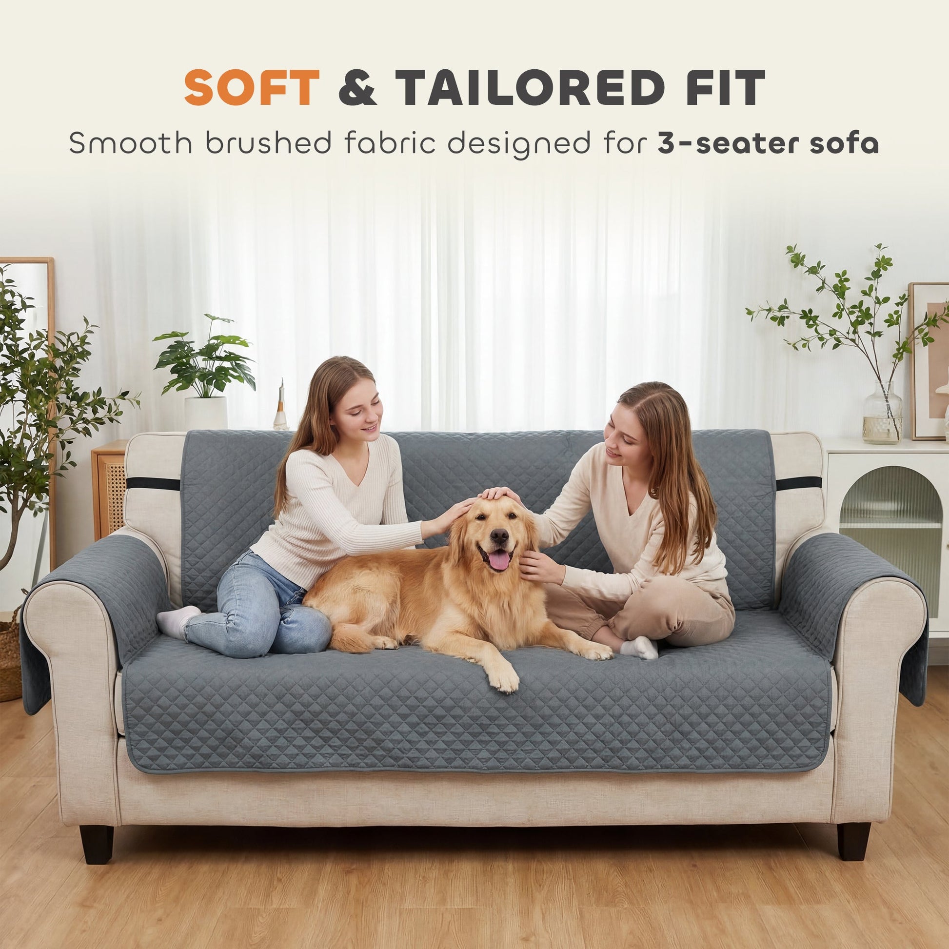 Waterproof Sofa Cover 3 Seater, Soft Couch Cover for Dogs Cats Pets, Non Slip Sofa Slipcoevr with Elastic Straps Furniture Protector for Living Room, Grey