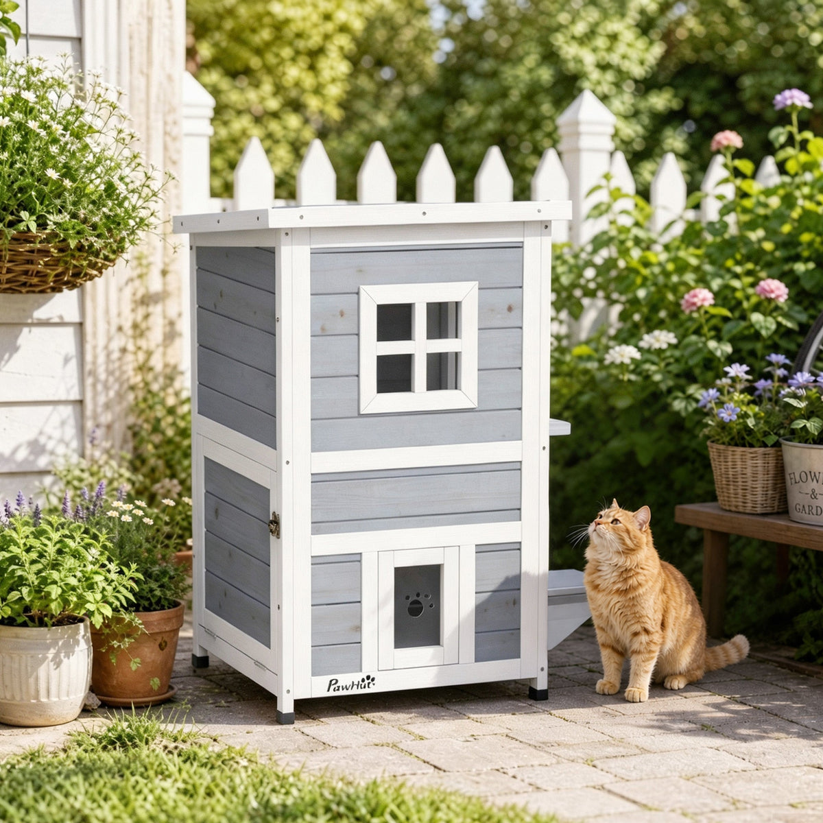 Wooden Cat House 2-Floor Outdoor Kitten Shelter with 3 Doors and Window Grey
