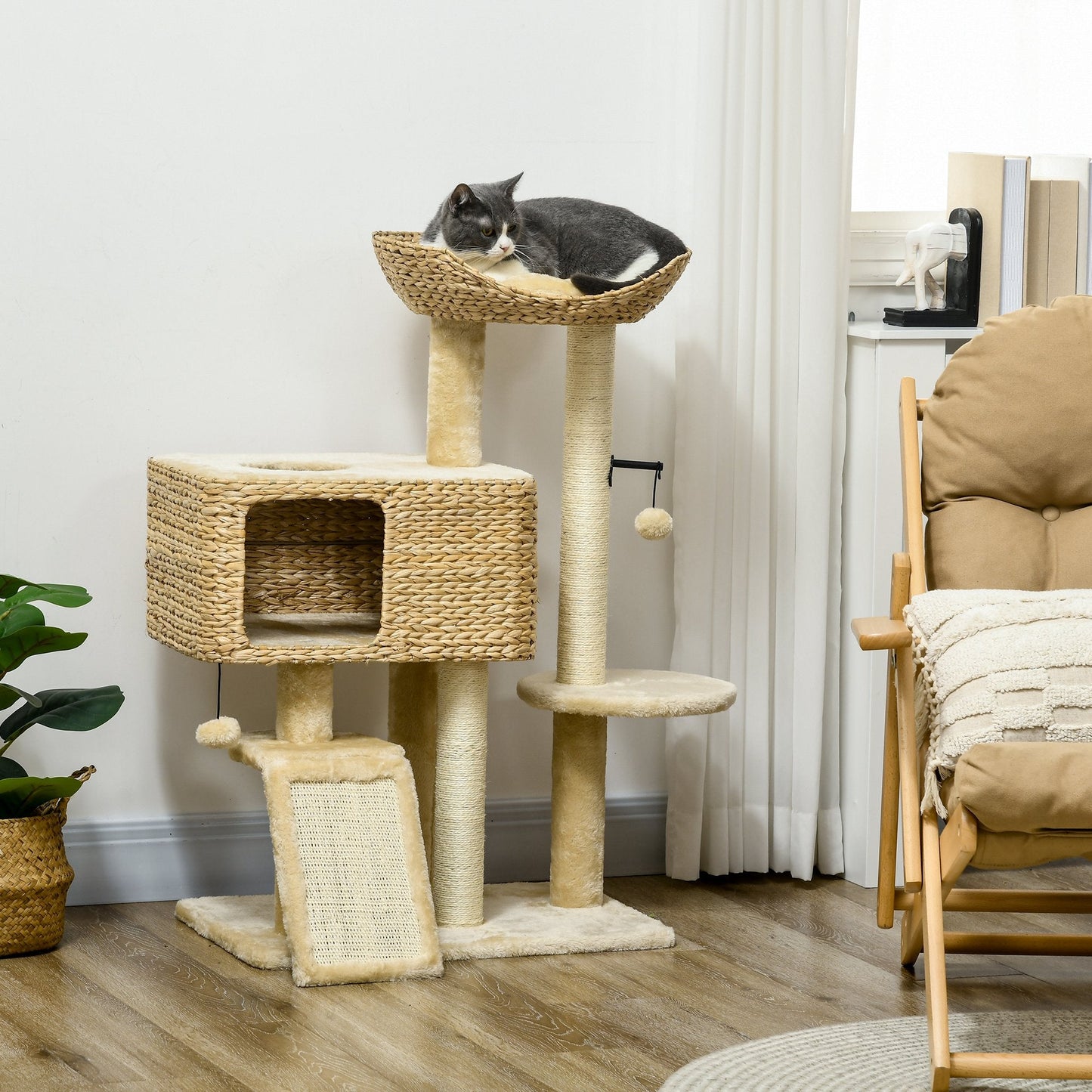 95cm Cat Tree for Indoor Cats, Cat Tower with Scratching Posts, Ramp, Condo, Toy Balls, Platform, Bed, Ramp - Beige