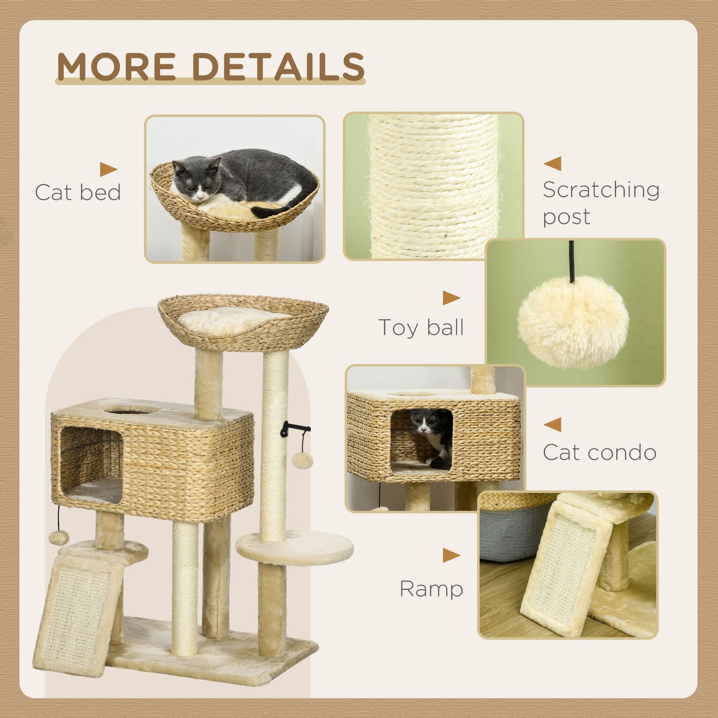 95cm Cat Tree for Indoor Cats, Cat Tower with Scratching Posts, Ramp, Condo, Toy Balls, Platform, Bed, Ramp - Beige