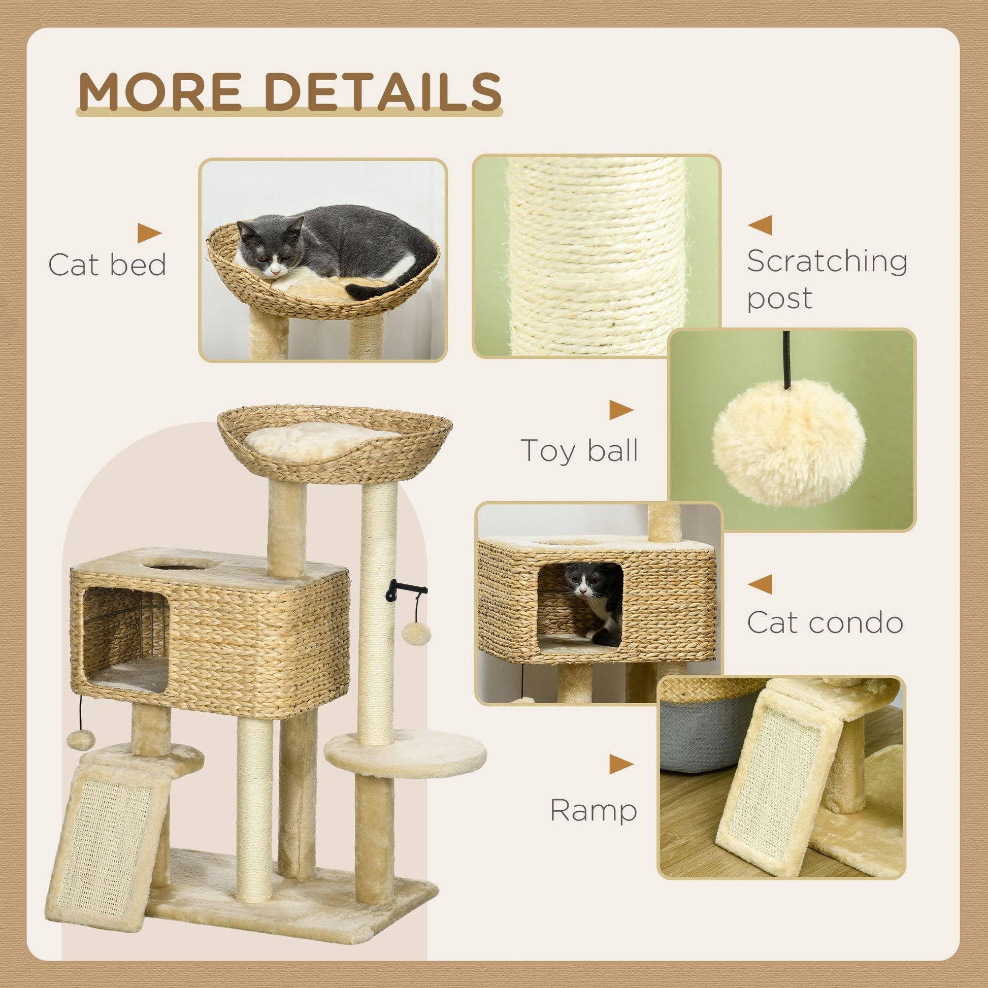 95cm Cat Tree for Indoor Cats, Cat Tower with Scratching Posts, Ramp, Condo, Toy Balls, Platform, Bed, Ramp - Beige