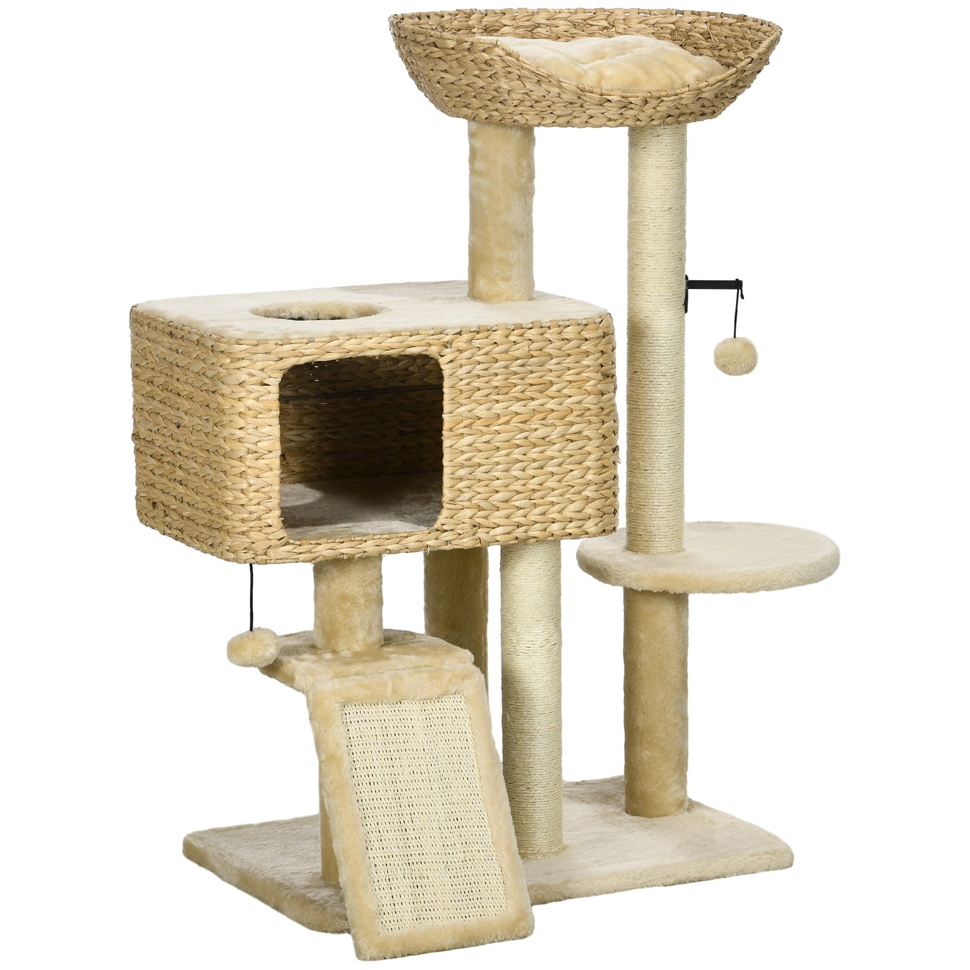 95cm Cat Tree for Indoor Cats, Cat Tower with Scratching Posts, Ramp, Condo, Toy Balls, Platform, Bed, Ramp - Beige