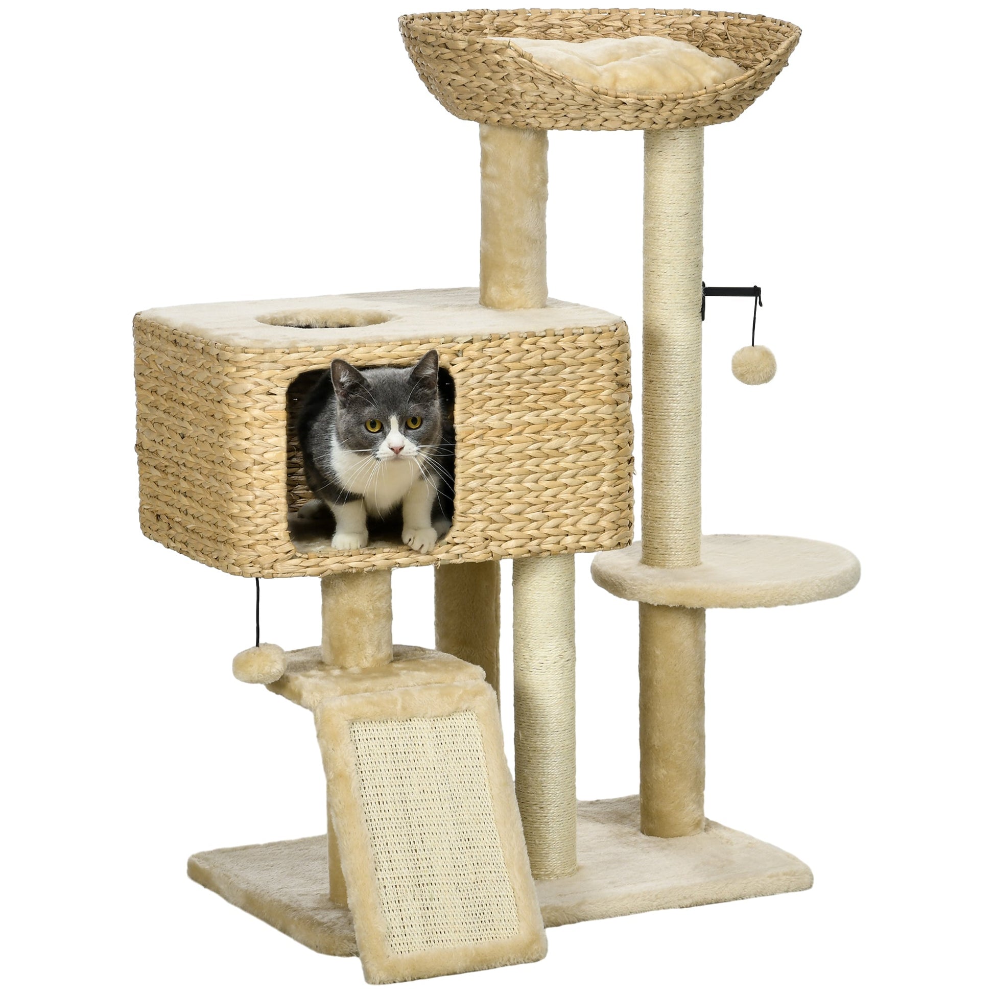 95cm Cat Tree for Indoor Cats, Cat Tower with Scratching Posts, Ramp, Condo, Toy Balls, Platform, Bed, Ramp - Beige