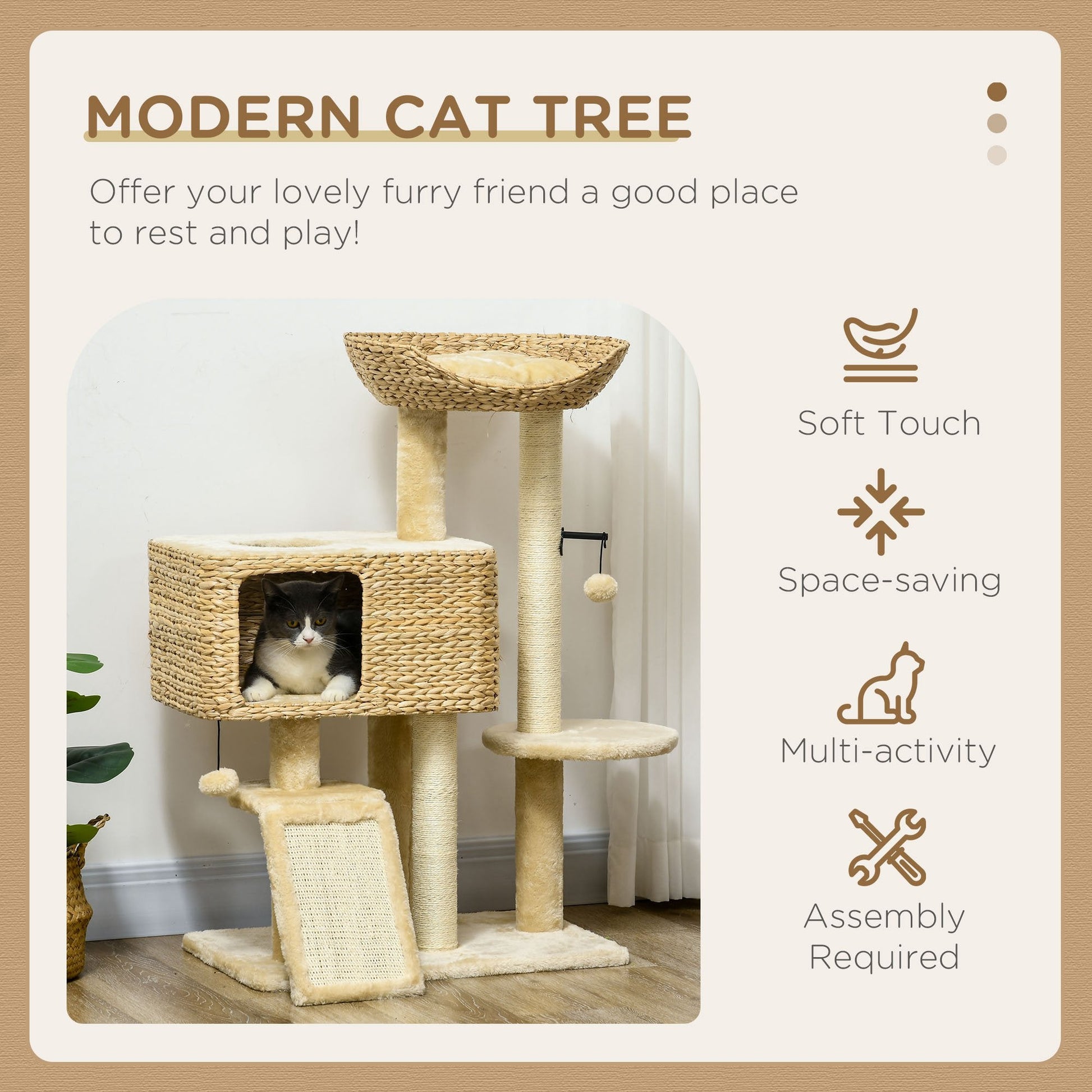 95cm Cat Tree for Indoor Cats, Cat Tower with Scratching Posts, Ramp, Condo, Toy Balls, Platform, Bed, Ramp - Beige
