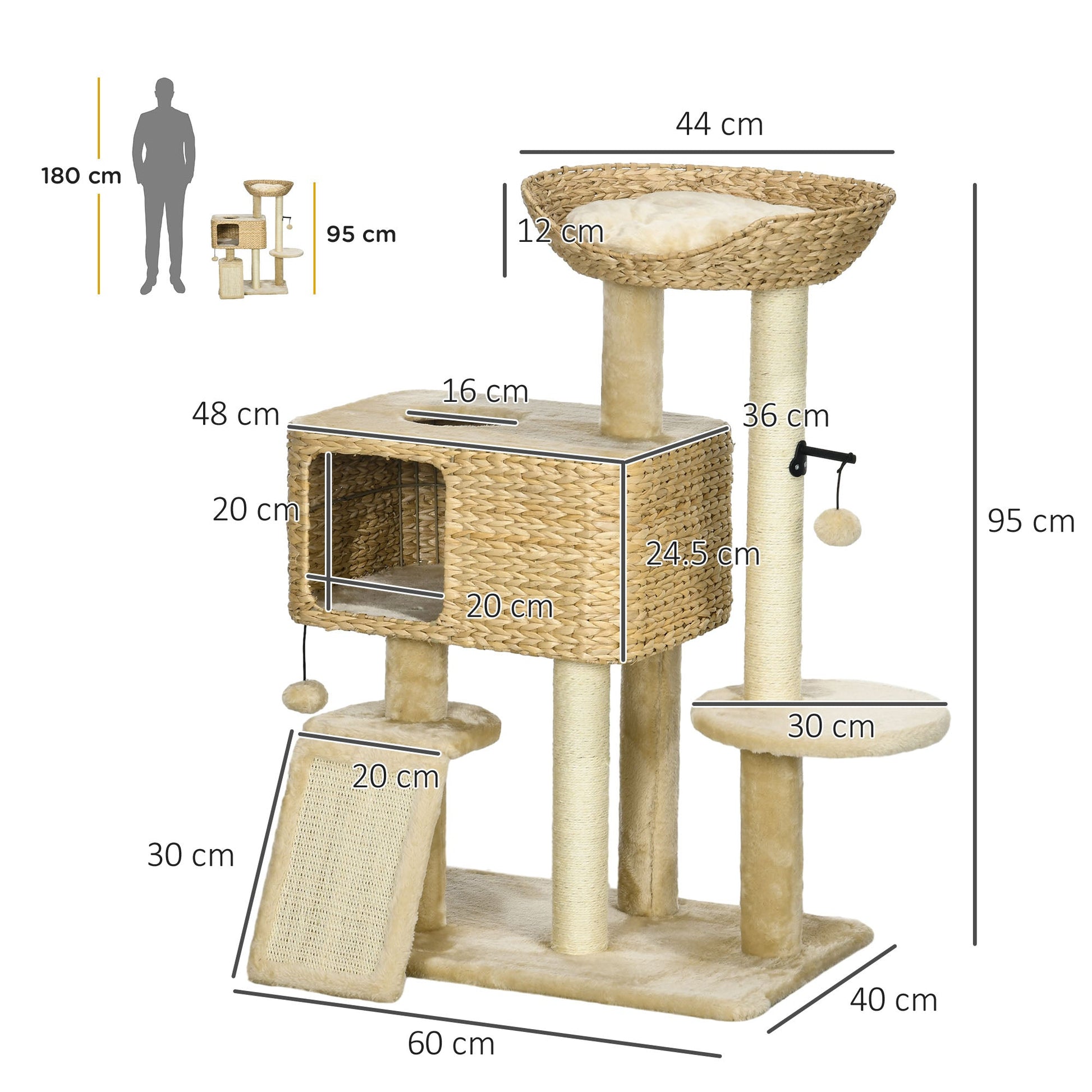95cm Cat Tree for Indoor Cats, Cat Tower with Scratching Posts, Ramp, Condo, Toy Balls, Platform, Bed, Ramp - Beige