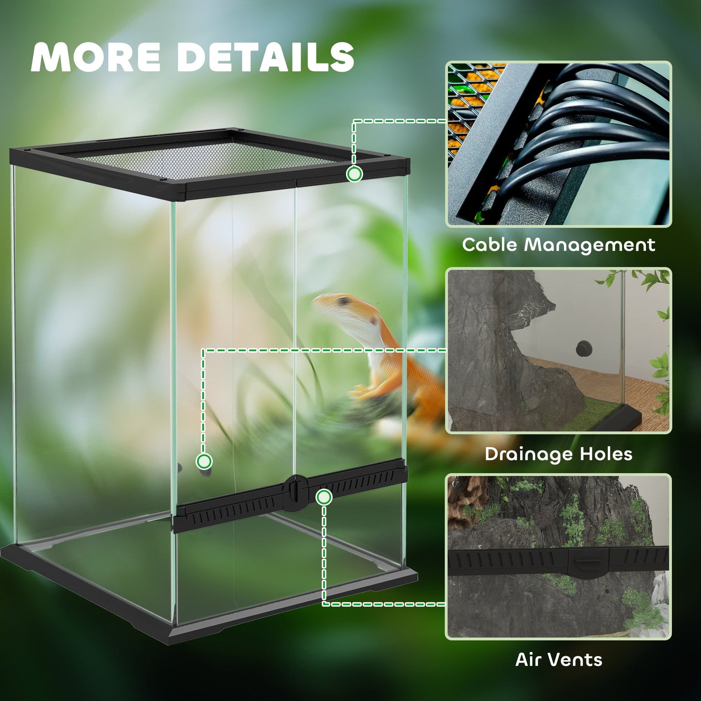 Glass Reptile Terrarium, 40L Vivarium for Lizards, Frogs, Snakes, Turtles, Tortoises, with Ventilation, 30 x 30 x 45cm