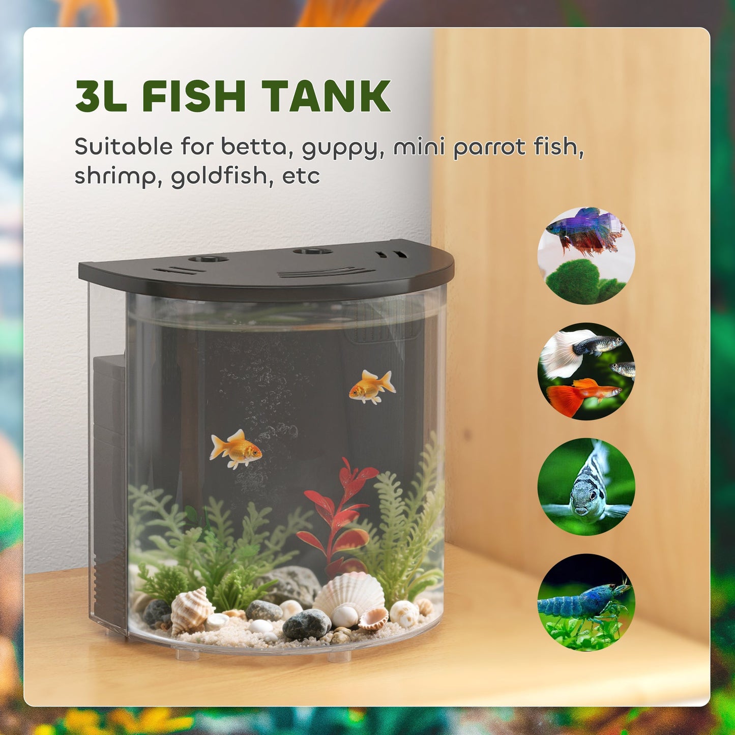 Fish Tank, 3L Nano Aquarium Starter Kit with Filter System, LED Light, Small Fish Tank for Betta, Goldfish, Shrimp, Black