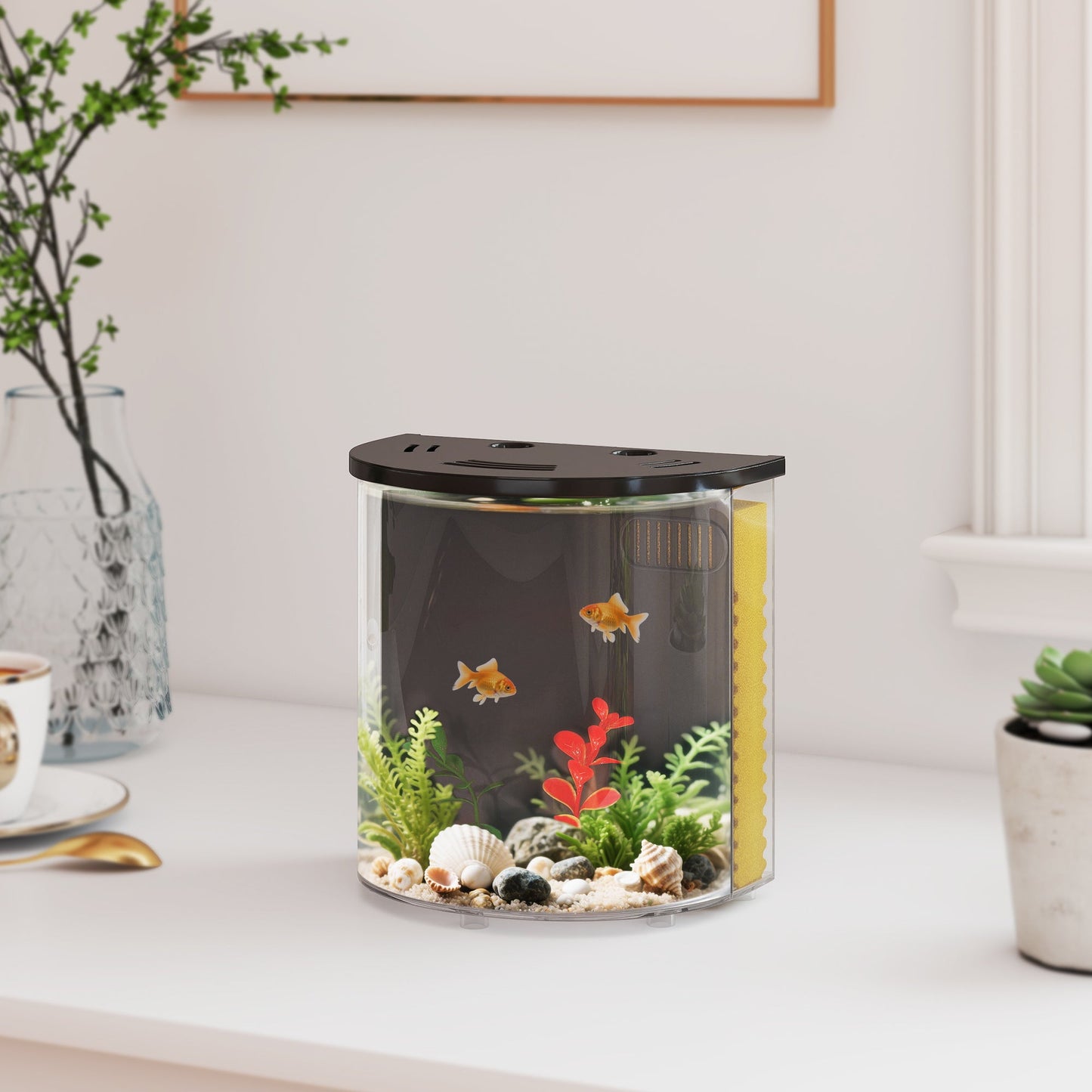 Fish Tank, 3L Nano Aquarium Starter Kit with Filter System, LED Light, Small Fish Tank for Betta, Goldfish, Shrimp, Black