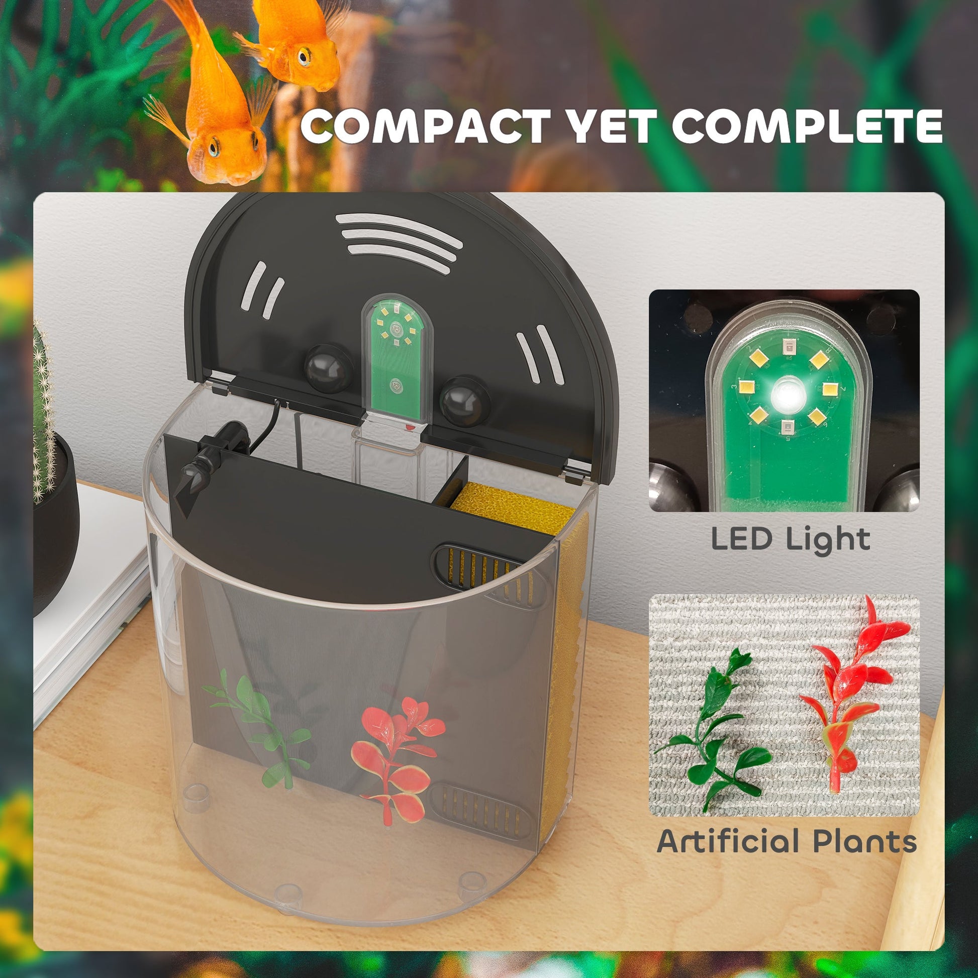 Fish Tank, 3L Nano Aquarium Starter Kit with Filter System, LED Light, Small Fish Tank for Betta, Goldfish, Shrimp, Black