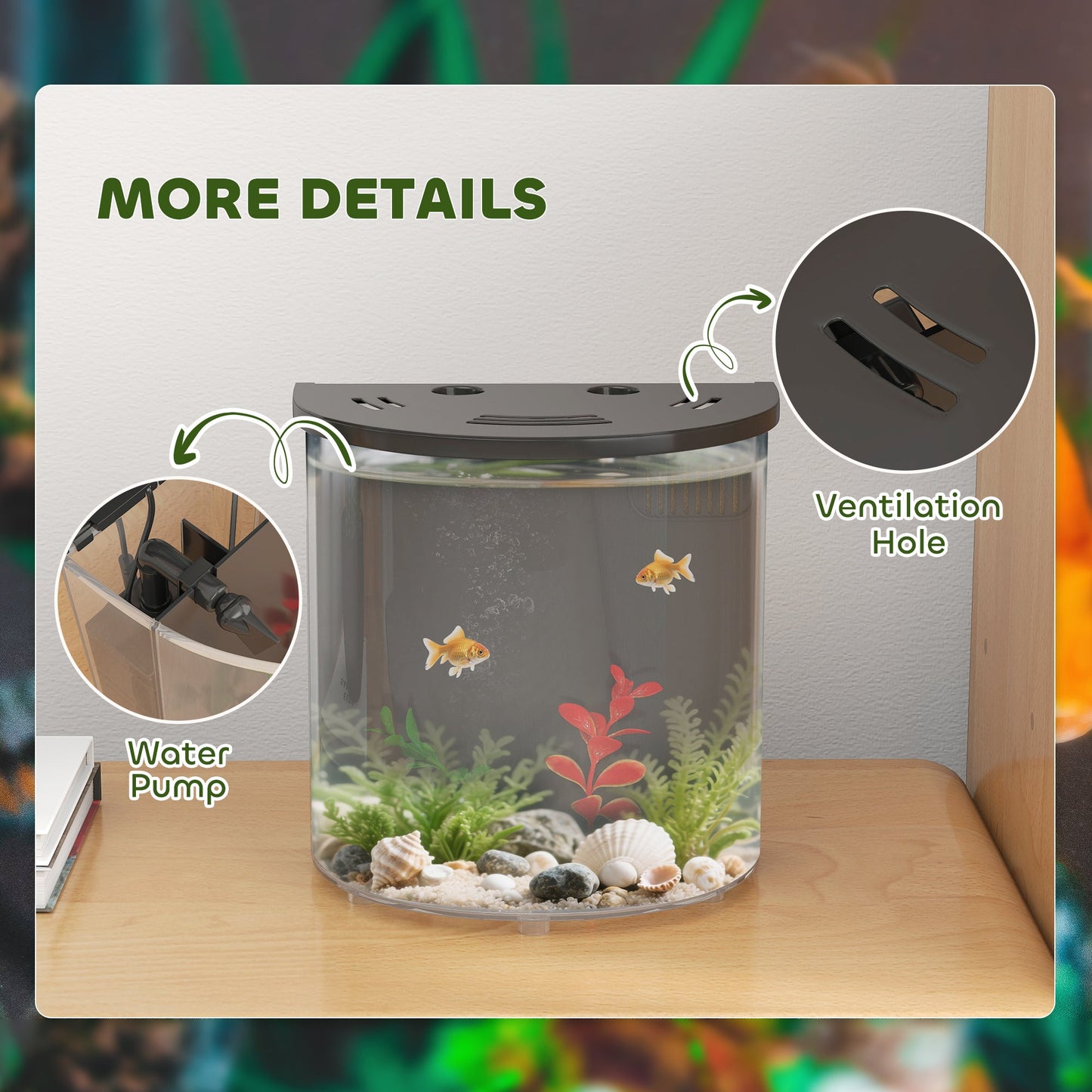 Fish Tank, 3L Nano Aquarium Starter Kit with Filter System, LED Light, Small Fish Tank for Betta, Goldfish, Shrimp, Black