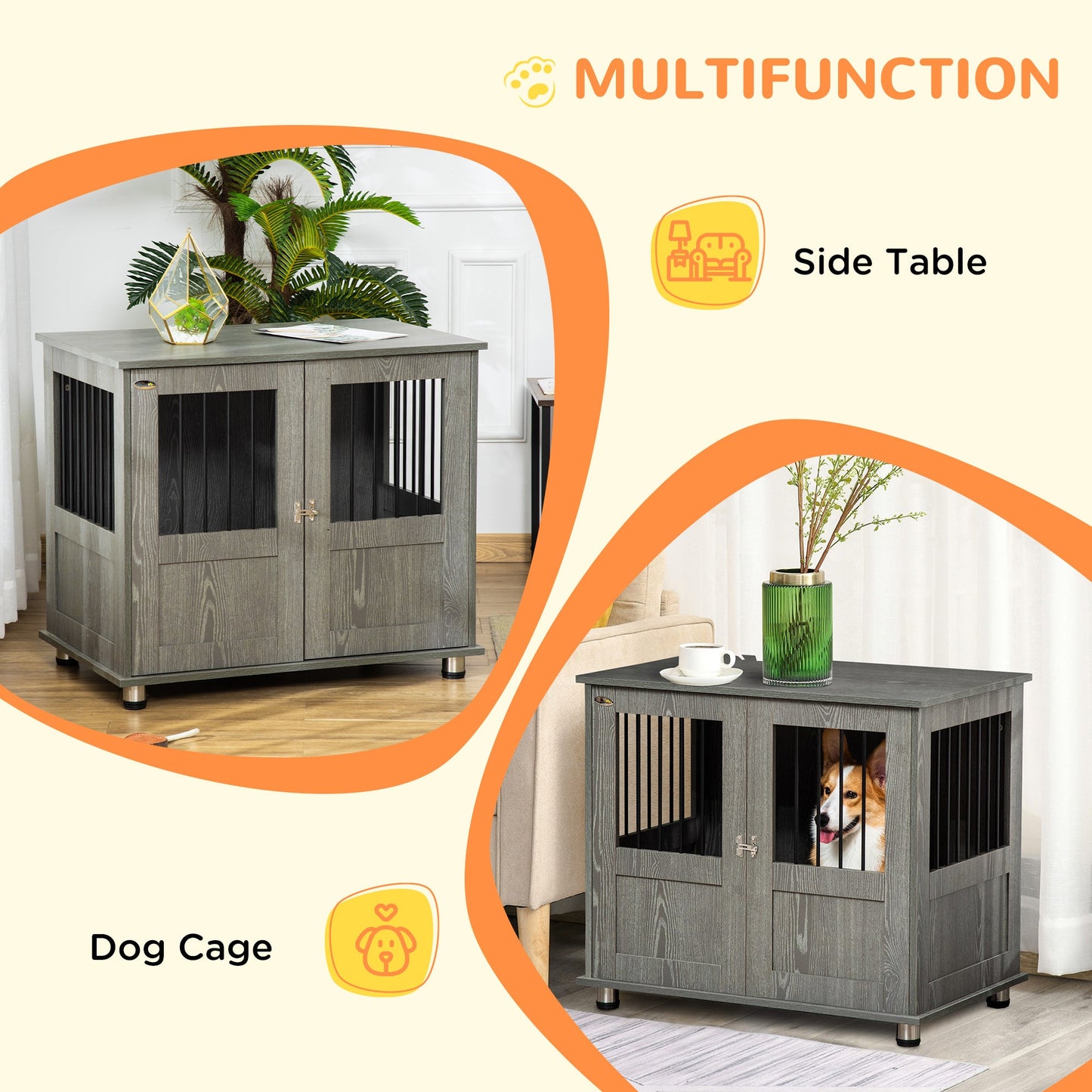 Dog Crate Furniture End Table, Pet Kennel for Small and Medium Dogs with Magnetic Door Indoor Animal Cage, Grey, 85 x 55 x 75 cm