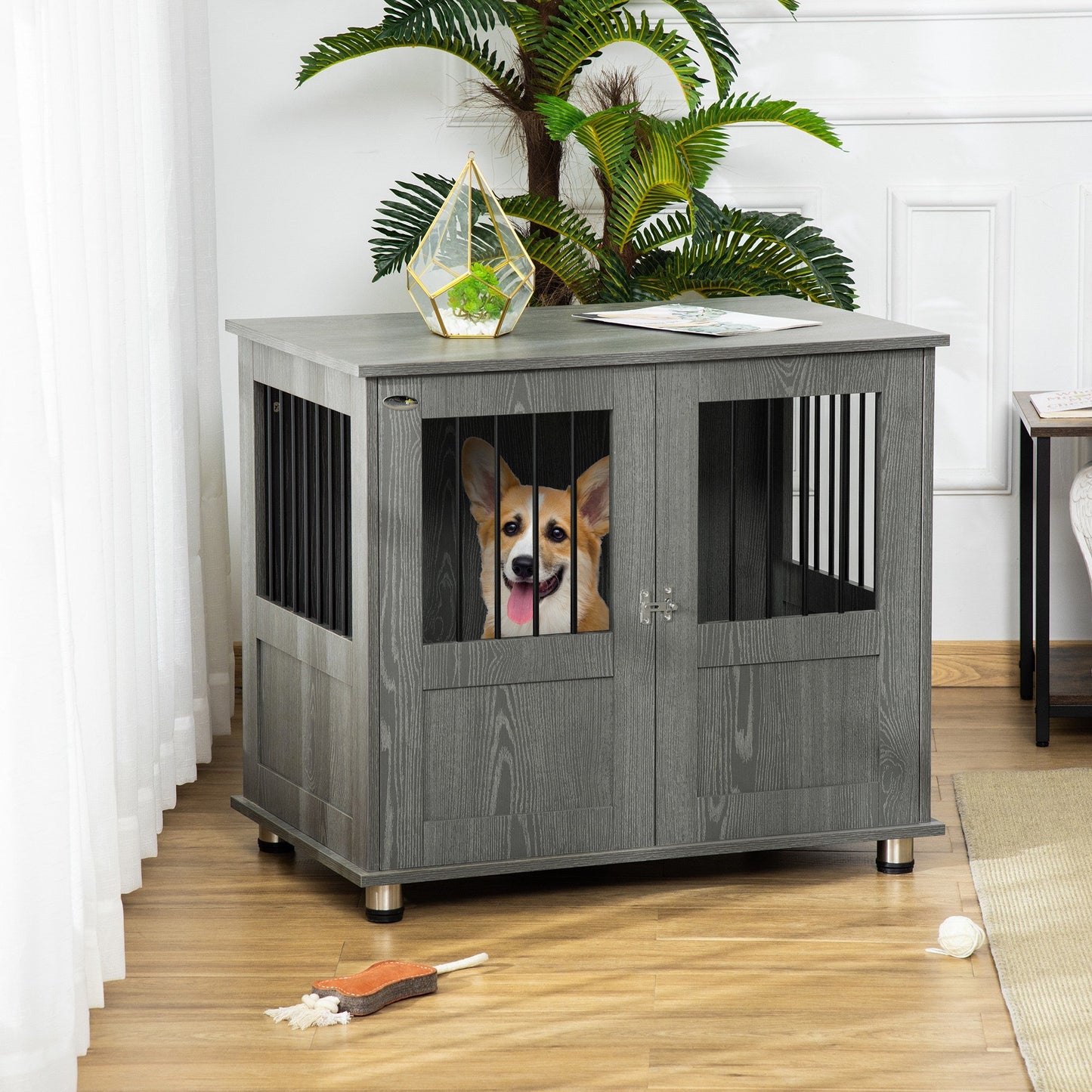 Dog Crate Furniture End Table, Pet Kennel for Small and Medium Dogs with Magnetic Door Indoor Animal Cage, Grey, 85 x 55 x 75 cm