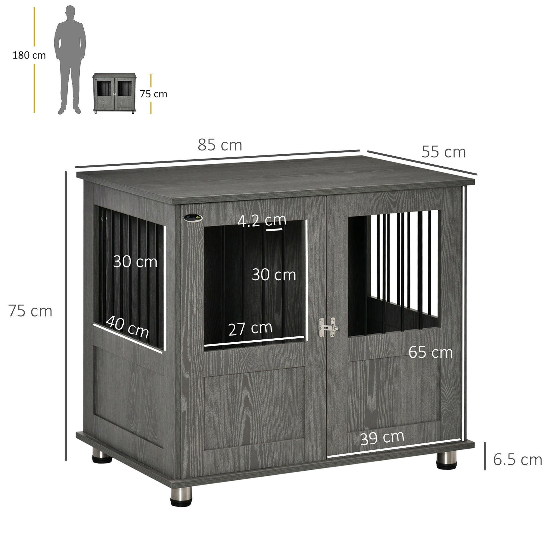 Dog Crate Furniture End Table, Pet Kennel for Small and Medium Dogs with Magnetic Door Indoor Animal Cage, Grey, 85 x 55 x 75 cm