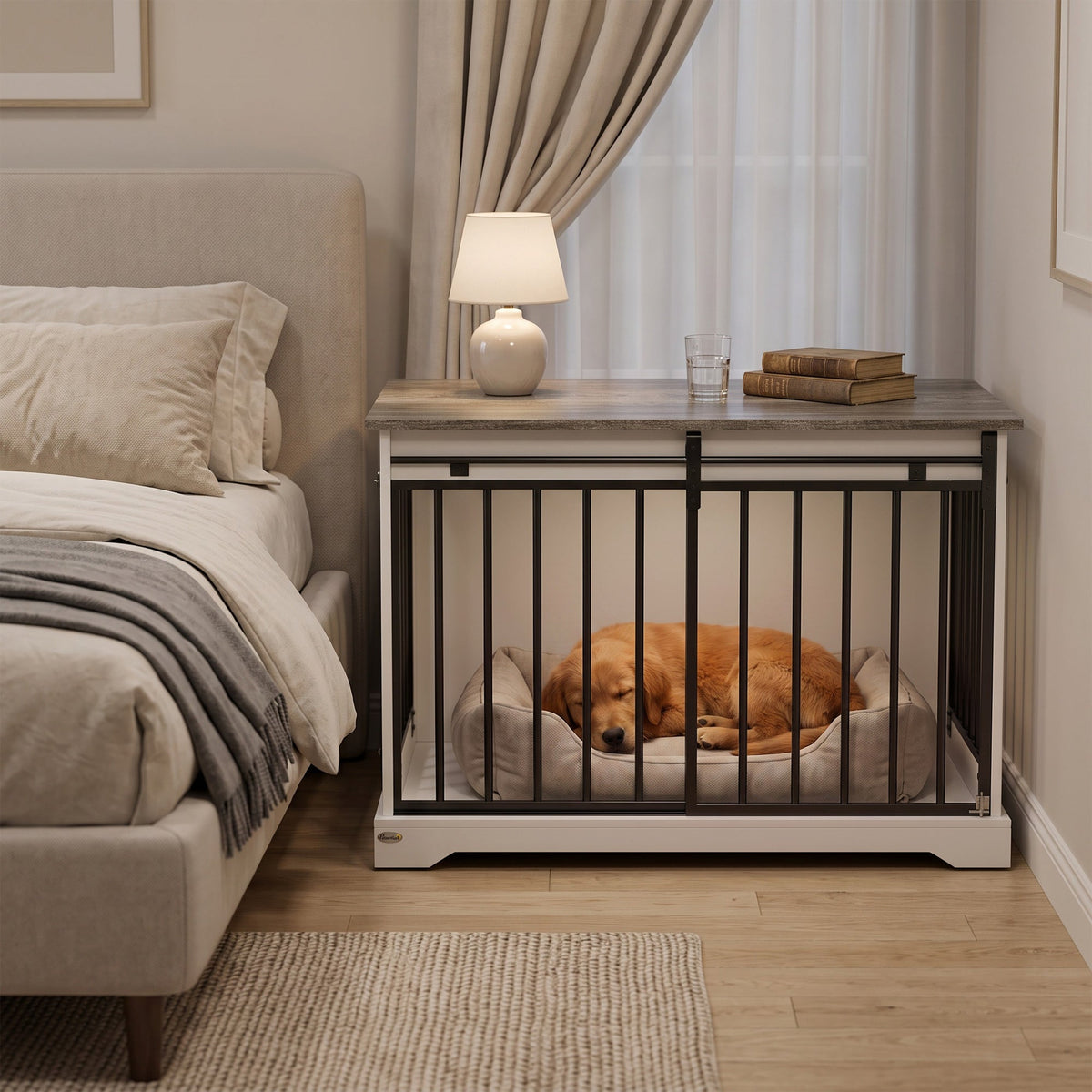 Dog Crate Furniture, 100 cm Large Double Door Wooden Dog Crate with Sliding Barn Door, Indoor Kennel End Table for Large Breeds, Anti-Chew Steel Puppy Cage, White