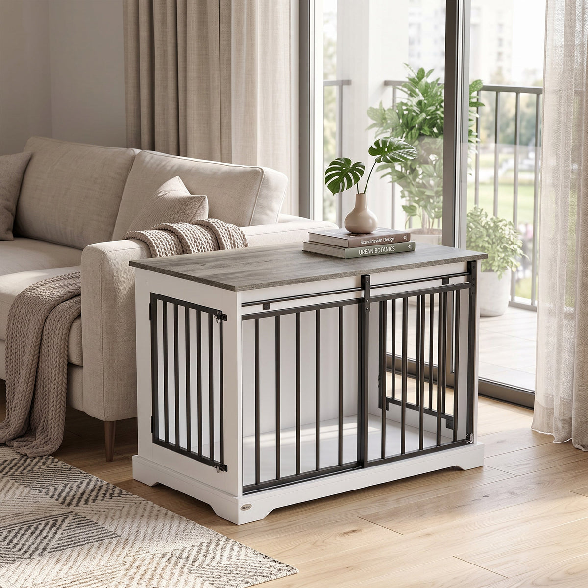 Dog Crate Furniture, 100 cm Large Double Door Wooden Dog Crate with Sliding Barn Door, Indoor Kennel End Table for Large Breeds, Anti-Chew Steel Puppy Cage, White