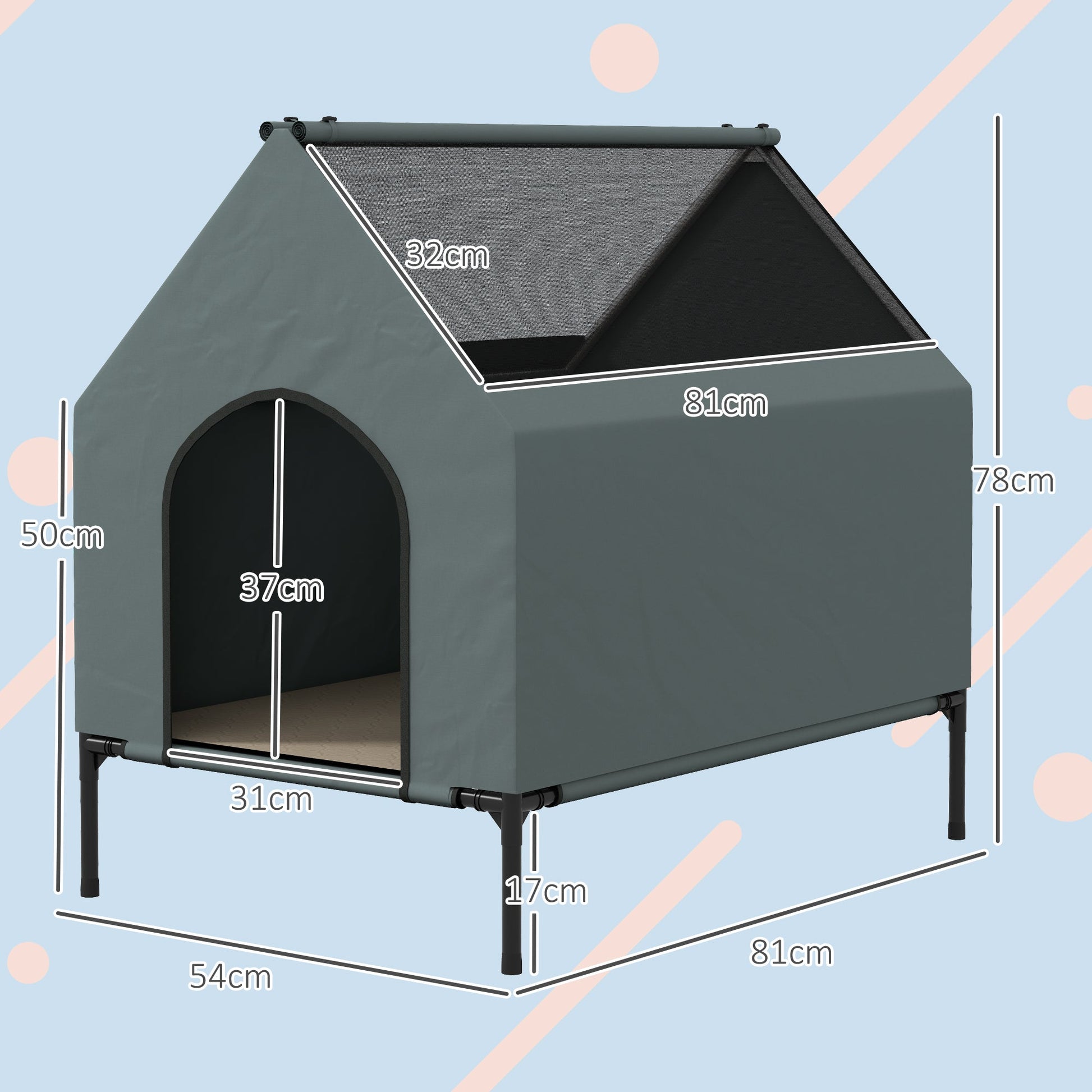Dog House Outdoor, Elevated Dog House Dog Bed with Removable Cover, Mesh Windows, Storage Bag, for Small and Medium-Sized Dogs, Grey