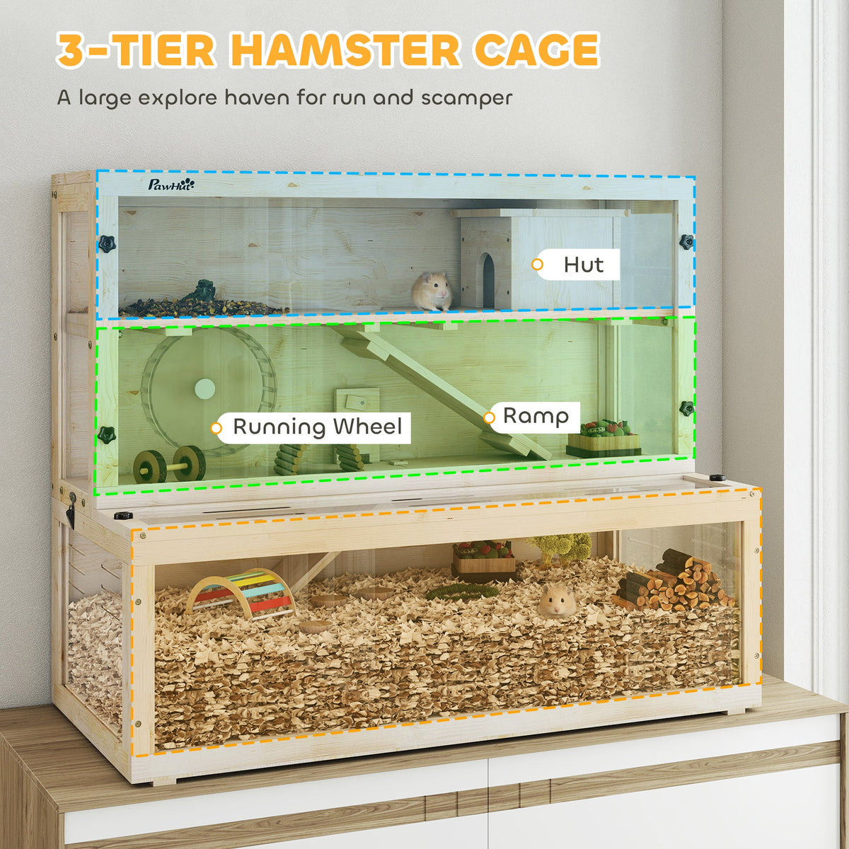 Wooden Hamster Cage, Large Gerbil Cage with Hut, Wheel, Ramps, 3 Tier Small Animal Habitat with Removable Viewing Panels, 100 x 50 x 84 cm, Natural Wood