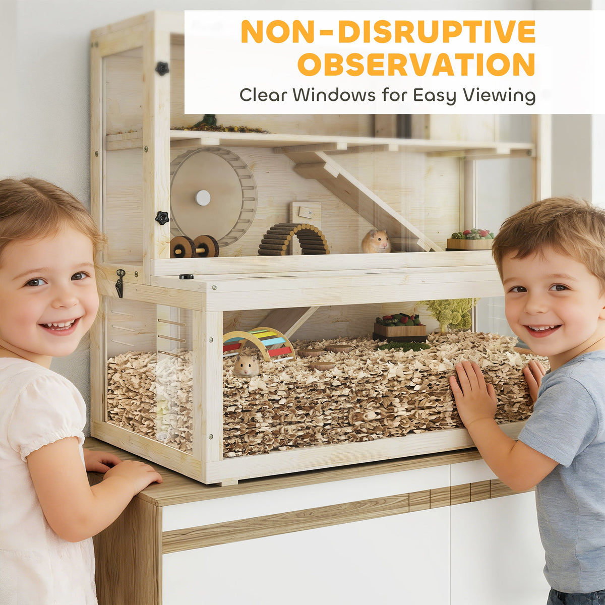 Wooden Hamster Cage, Large Gerbil Cage with Hut, Wheel, Ramps, 3 Tier Small Animal Habitat with Removable Viewing Panels, 100 x 50 x 84 cm, Natural Wood