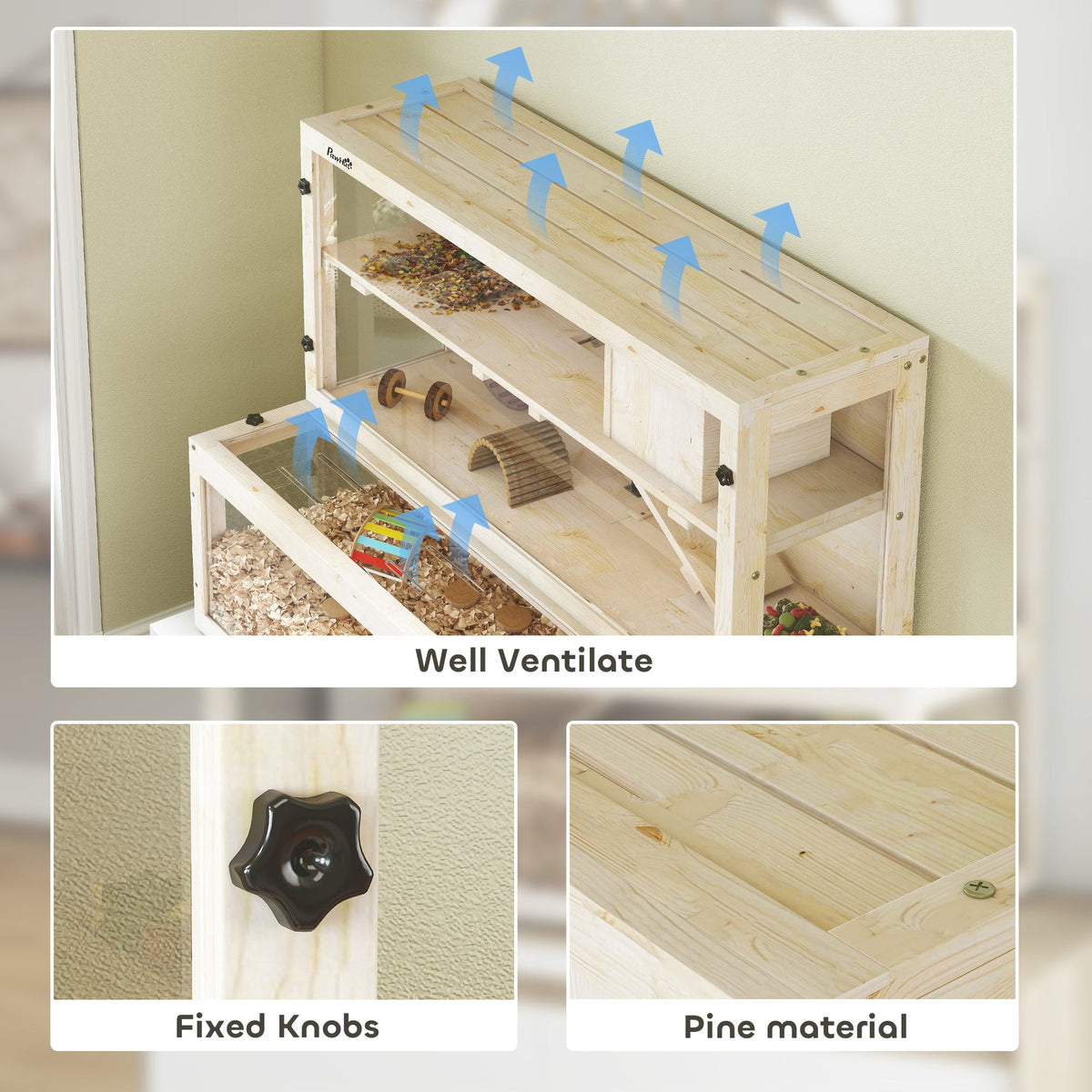Wooden Hamster Cage, Large Gerbil Cage with Hut, Wheel, Ramps, 3 Tier Small Animal Habitat with Removable Viewing Panels, 100 x 50 x 84 cm, Natural Wood