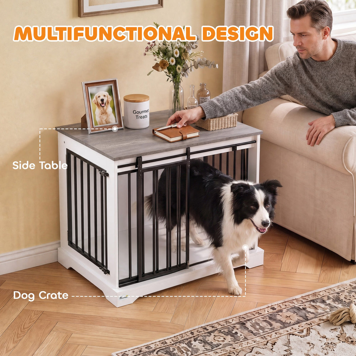 Dog Crate Furniture, 80 cm Double Door Wooden Dog Crate with Sliding Barn Door, Indoor Kennel End Table for Medium Breeds, Anti-Chew Steel Puppy Cage, White