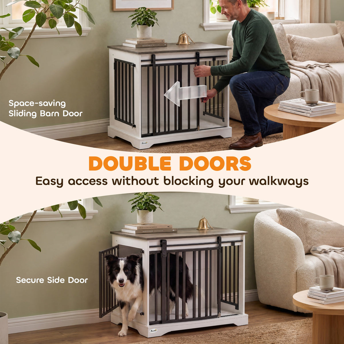 Dog Crate Furniture, 80 cm Double Door Wooden Dog Crate with Sliding Barn Door, Indoor Kennel End Table for Medium Breeds, Anti-Chew Steel Puppy Cage, White