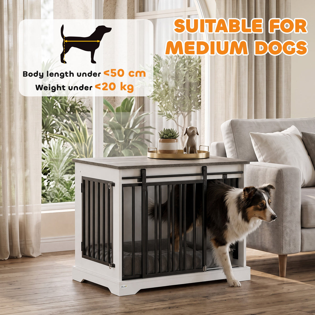 Dog Crate Furniture, 80 cm Double Door Wooden Dog Crate with Sliding Barn Door, Indoor Kennel End Table for Medium Breeds, Anti-Chew Steel Puppy Cage, White