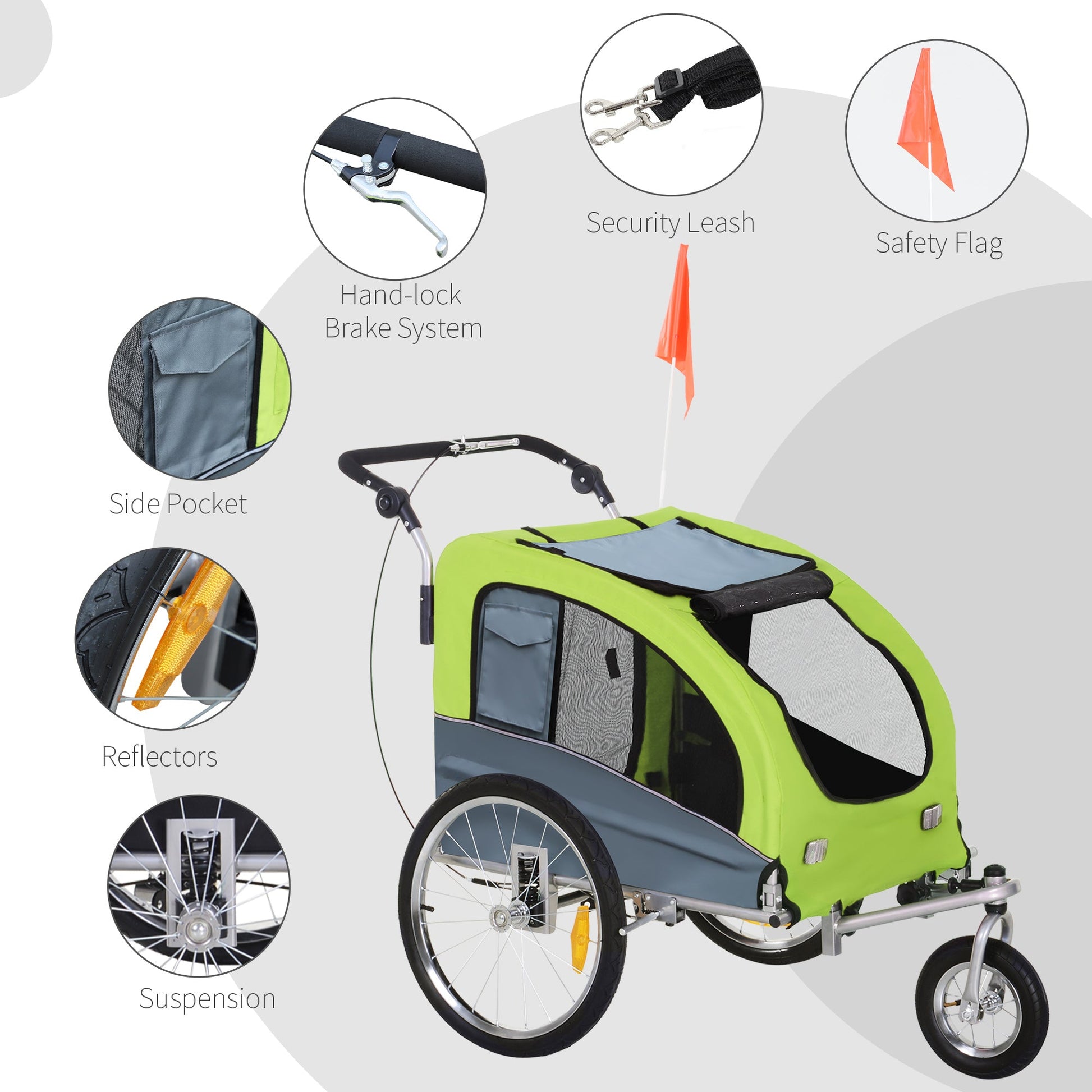 Dog Bike Trailer Pet Stroller Cart Carrier for Bicycle 360° Rotatable with Reflectors 3 Wheels Hitch Coupler Push/ Pull/ Brake Water Resistant Green