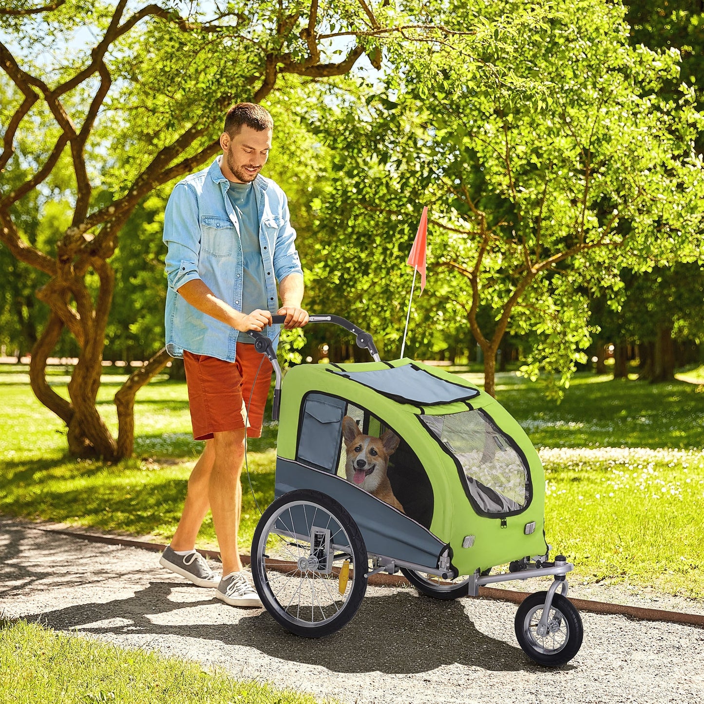 Dog Bike Trailer Pet Stroller Cart Carrier for Bicycle 360° Rotatable with Reflectors 3 Wheels Hitch Coupler Push/ Pull/ Brake Water Resistant Green