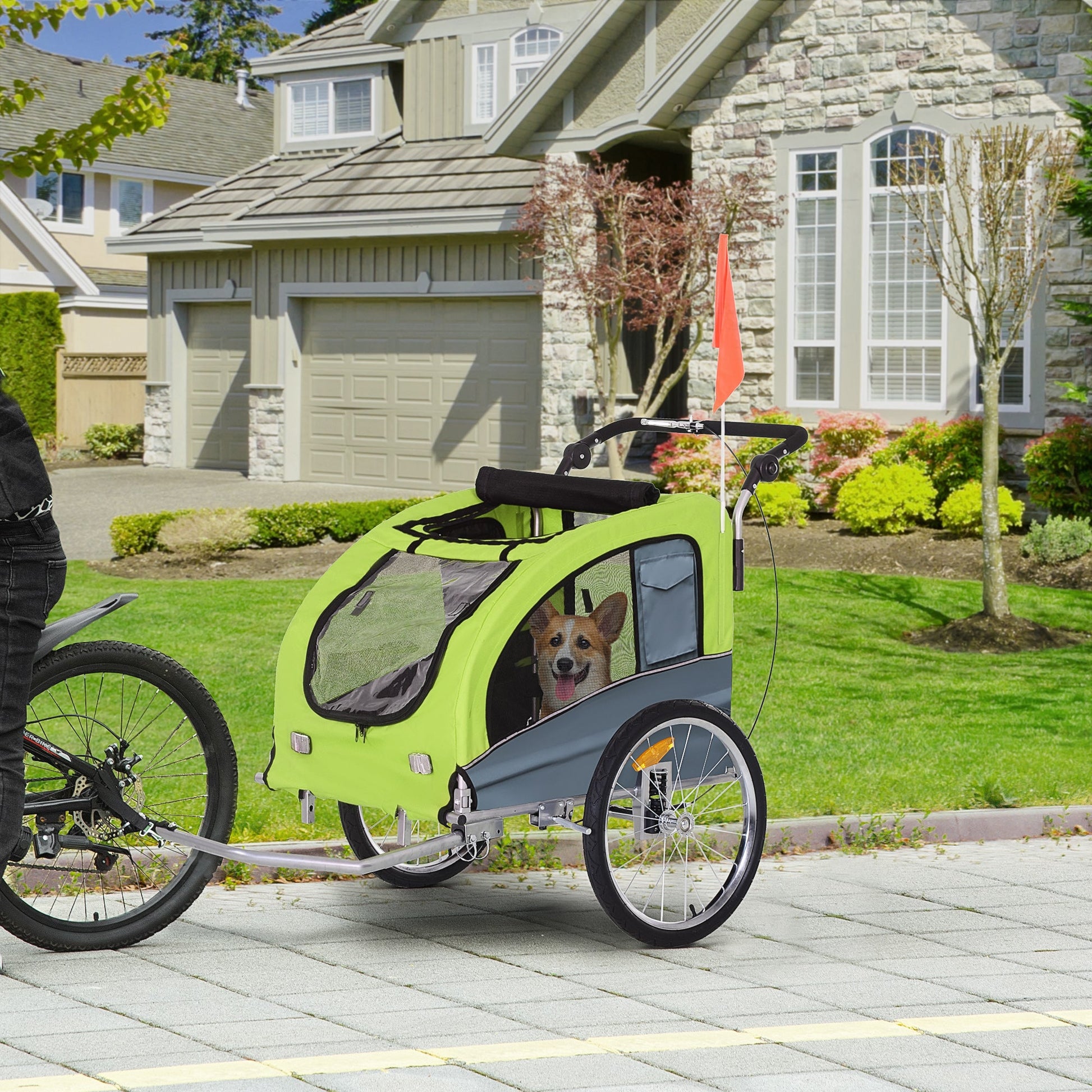 Dog Bike Trailer Pet Stroller Cart Carrier for Bicycle 360° Rotatable with Reflectors 3 Wheels Hitch Coupler Push/ Pull/ Brake Water Resistant Green