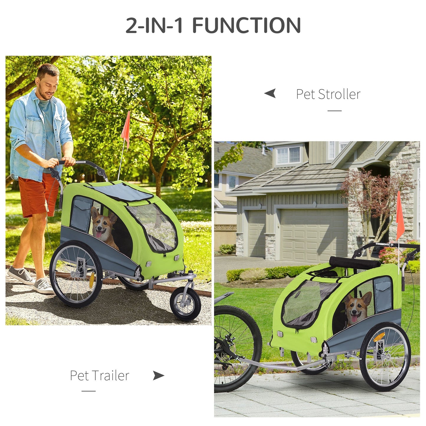 Dog Bike Trailer Pet Stroller Cart Carrier for Bicycle 360° Rotatable with Reflectors 3 Wheels Hitch Coupler Push/ Pull/ Brake Water Resistant Green