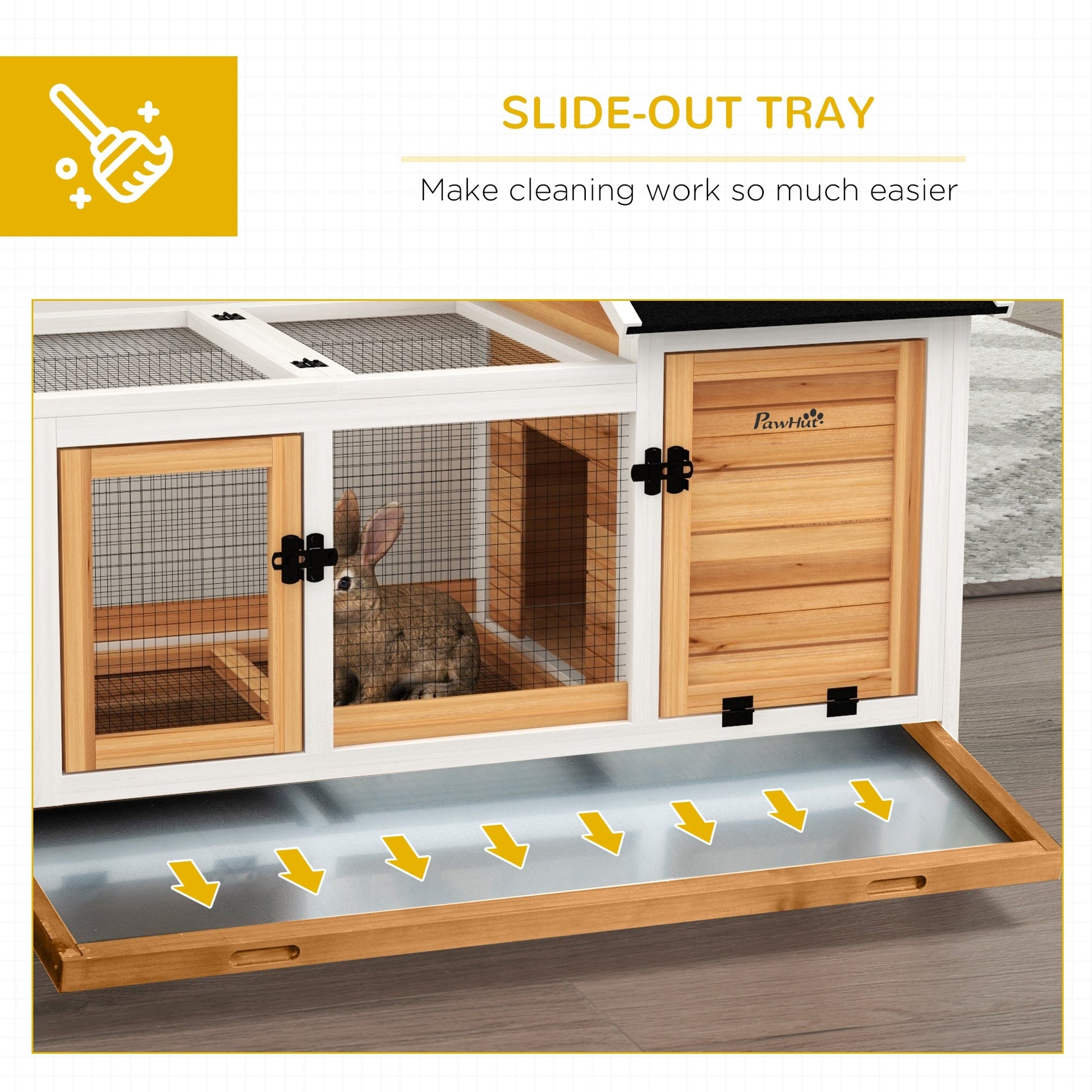 Wooden Rabbit Hutch with Wheels, Guinea Pig Cage, Small Animal House for Outdoor & Indoor with Slide-out Tray, 108 x 58 x 73.5cm, Yellow
