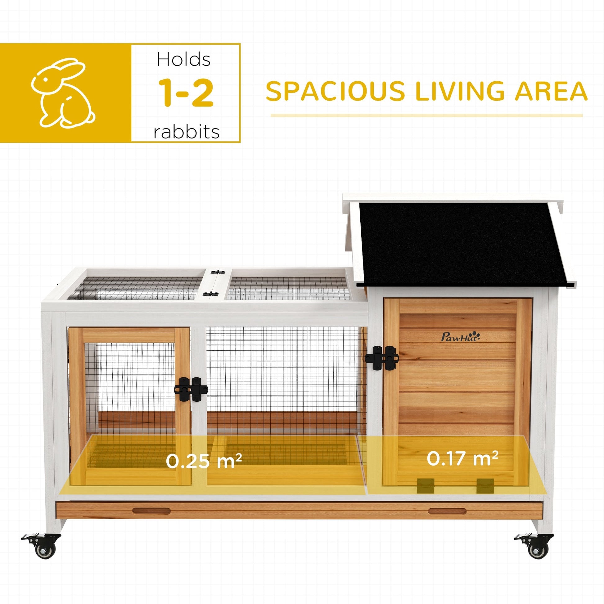 Wooden Rabbit Hutch with Wheels, Guinea Pig Cage, Small Animal House for Outdoor & Indoor with Slide-out Tray, 108 x 58 x 73.5cm, Yellow