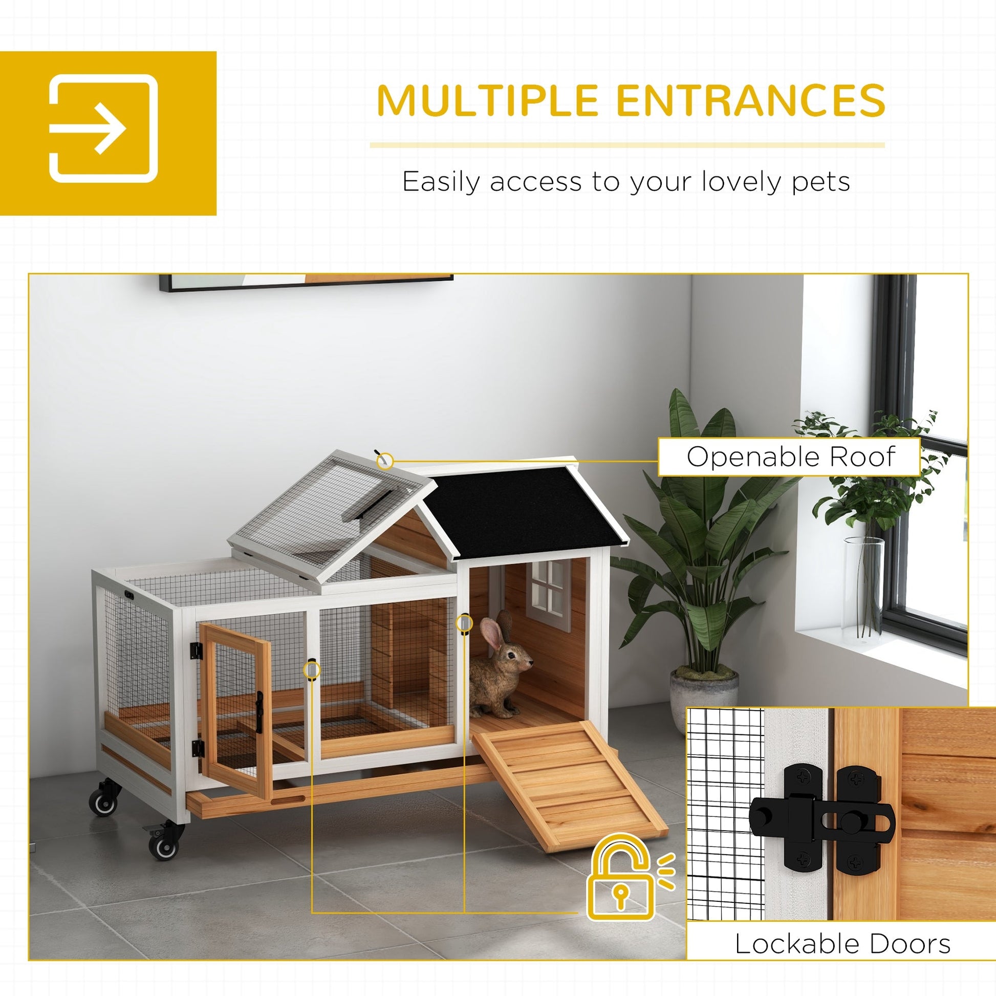 Wooden Rabbit Hutch with Wheels, Guinea Pig Cage, Small Animal House for Outdoor & Indoor with Slide-out Tray, 108 x 58 x 73.5cm, Yellow