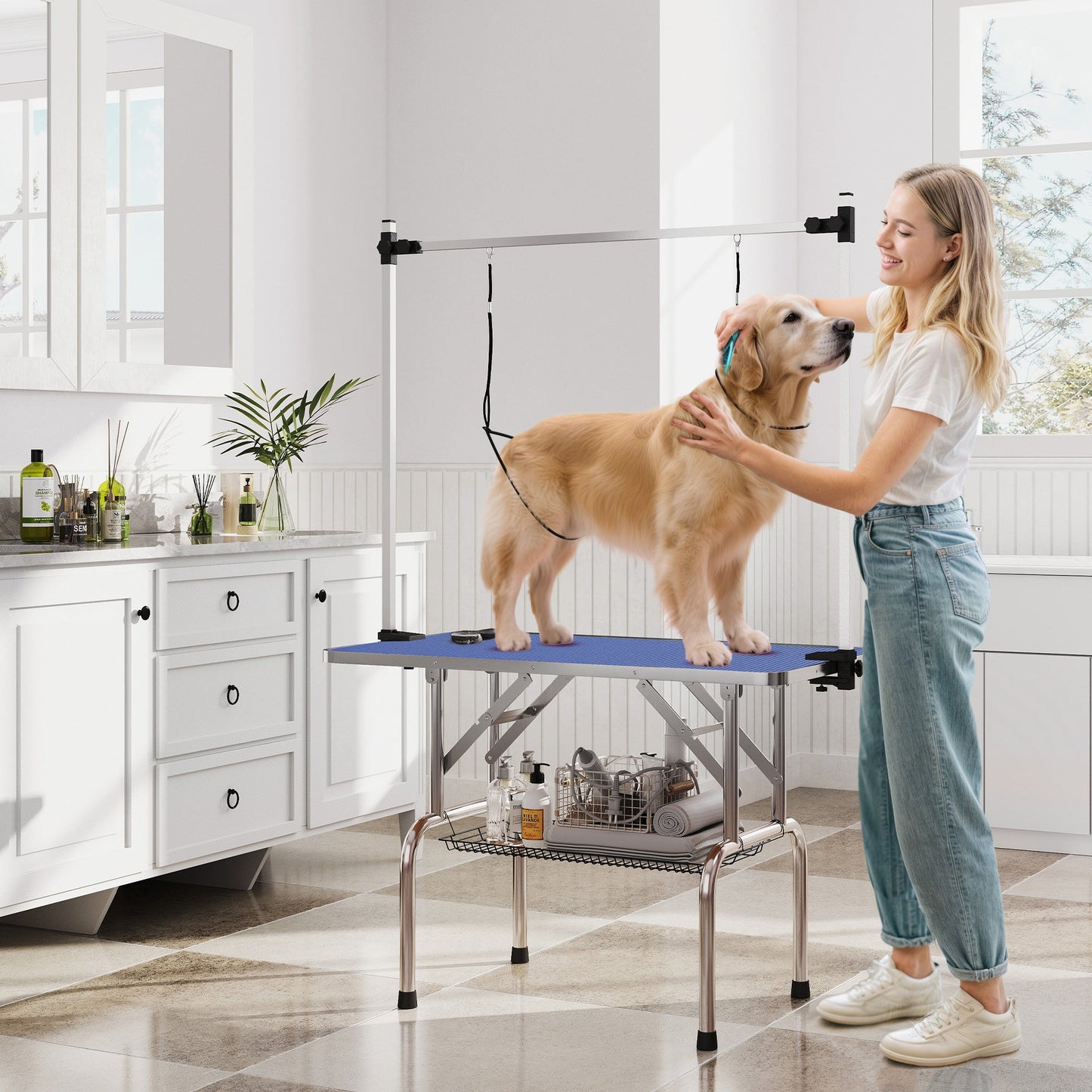 42" Foldable Dog Grooming Table Adjustable Pet Cat Drying Beauty Table Rubber Top with 2 Loops Storage Basket Metal Blue