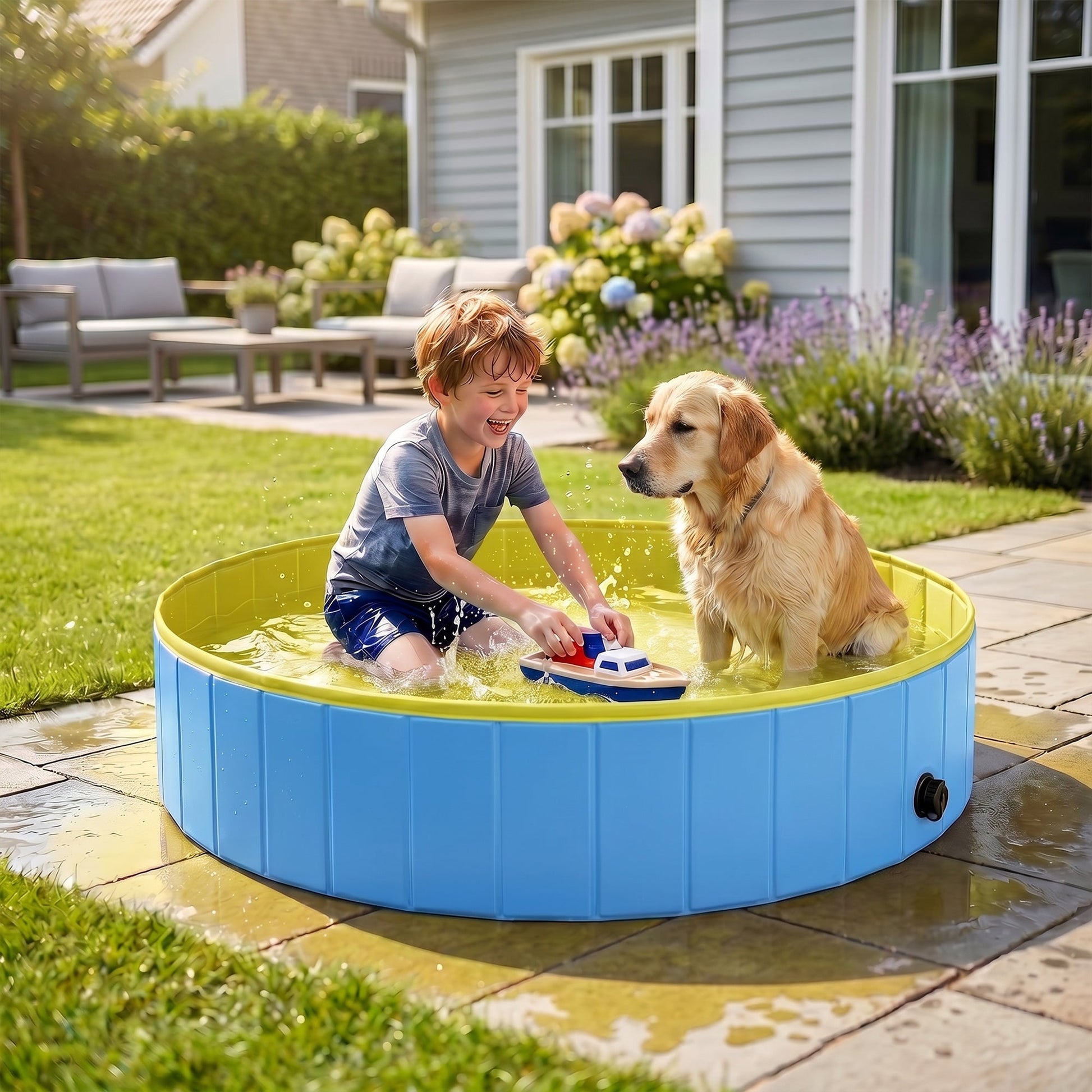 Foldable Dog Pool for Puppies and Ducks, Thickened PVC Dog Paddling Pool Bath Tub Hard Board, Anti-Slip Bottom and Hose Adapter for Easy Drainage, 140 x 30cm, Blue and Yellow