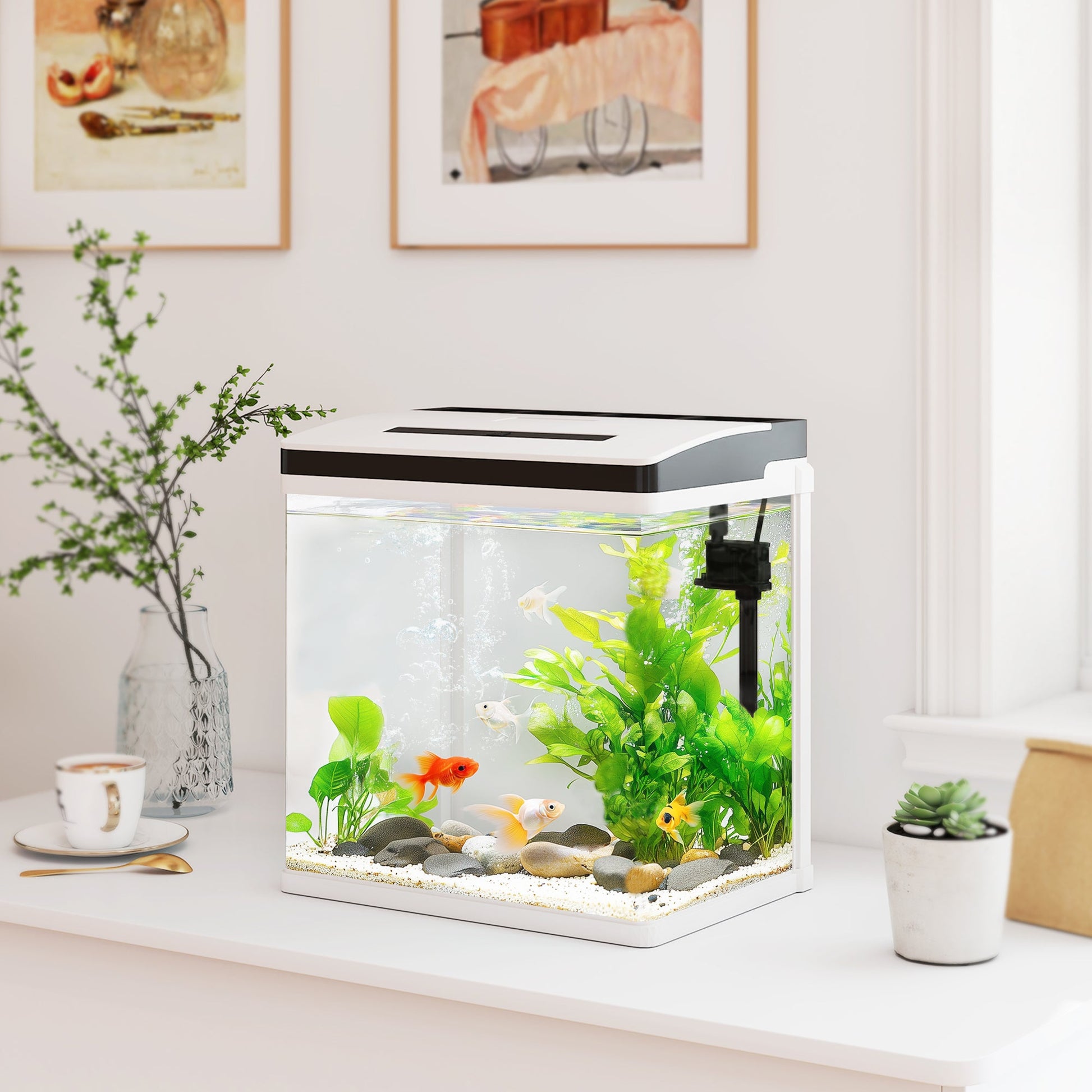Aquarium, 28L Glass Fish Tank with Filter, LED Lighting, Water Pump, for Bettas, Guppies, Mini Parrot Fishes, Shrimp, Goldfish, 38 x 26 x 39.5cm