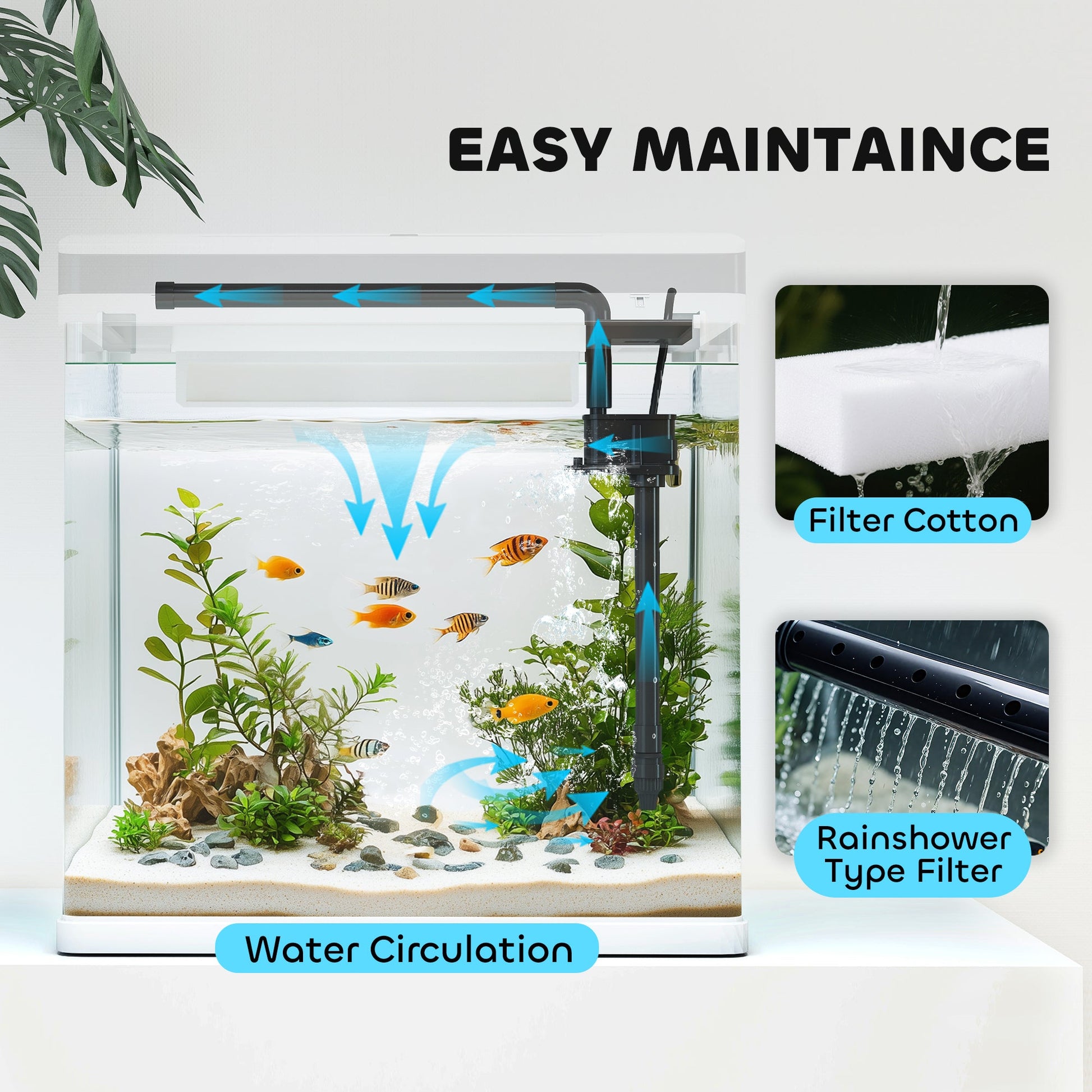 Aquarium, 28L Glass Fish Tank with Filter, LED Lighting, Water Pump, for Bettas, Guppies, Mini Parrot Fishes, Shrimp, Goldfish, 38 x 26 x 39.5cm