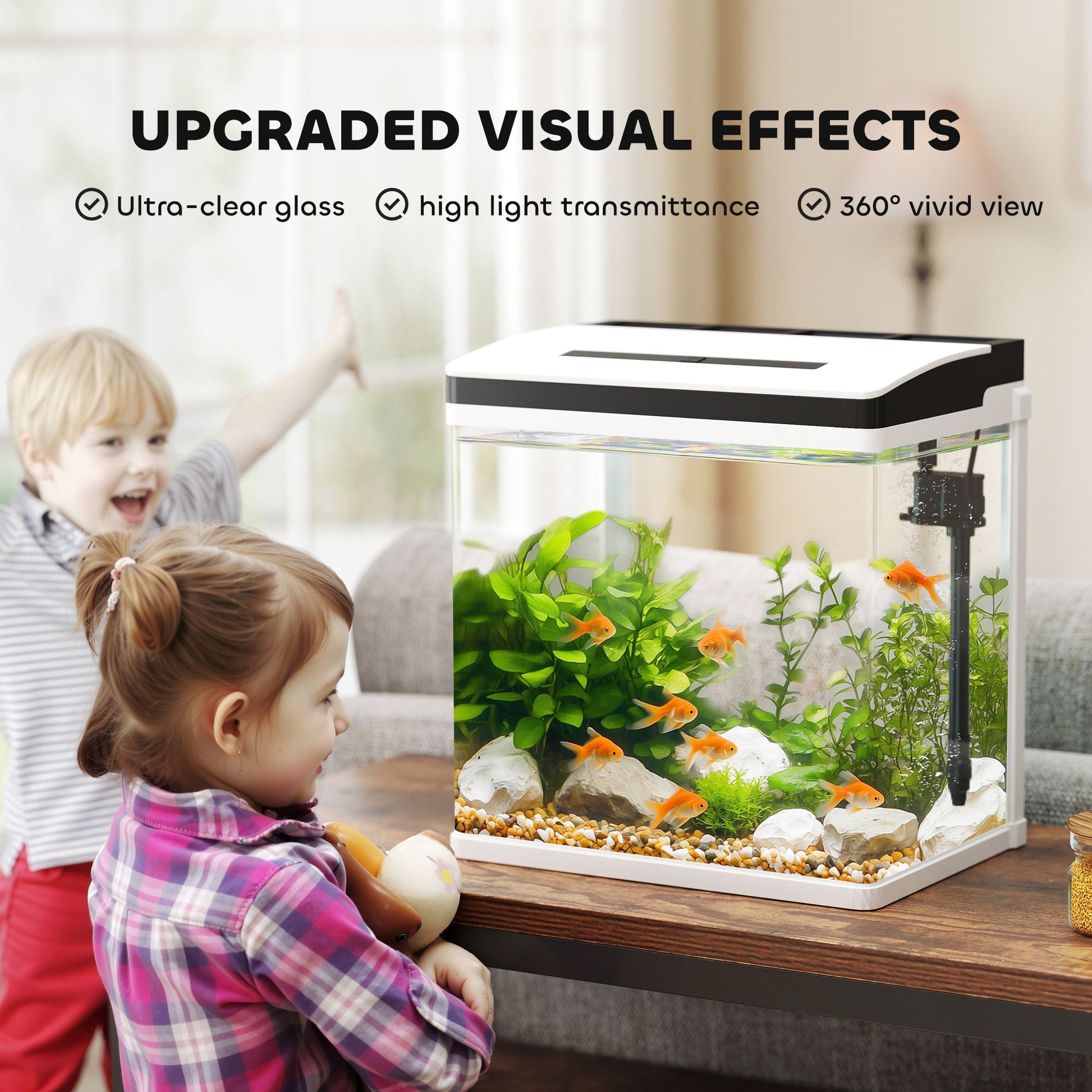 Aquarium, 28L Glass Fish Tank with Filter, LED Lighting, Water Pump, for Bettas, Guppies, Mini Parrot Fishes, Shrimp, Goldfish, 38 x 26 x 39.5cm