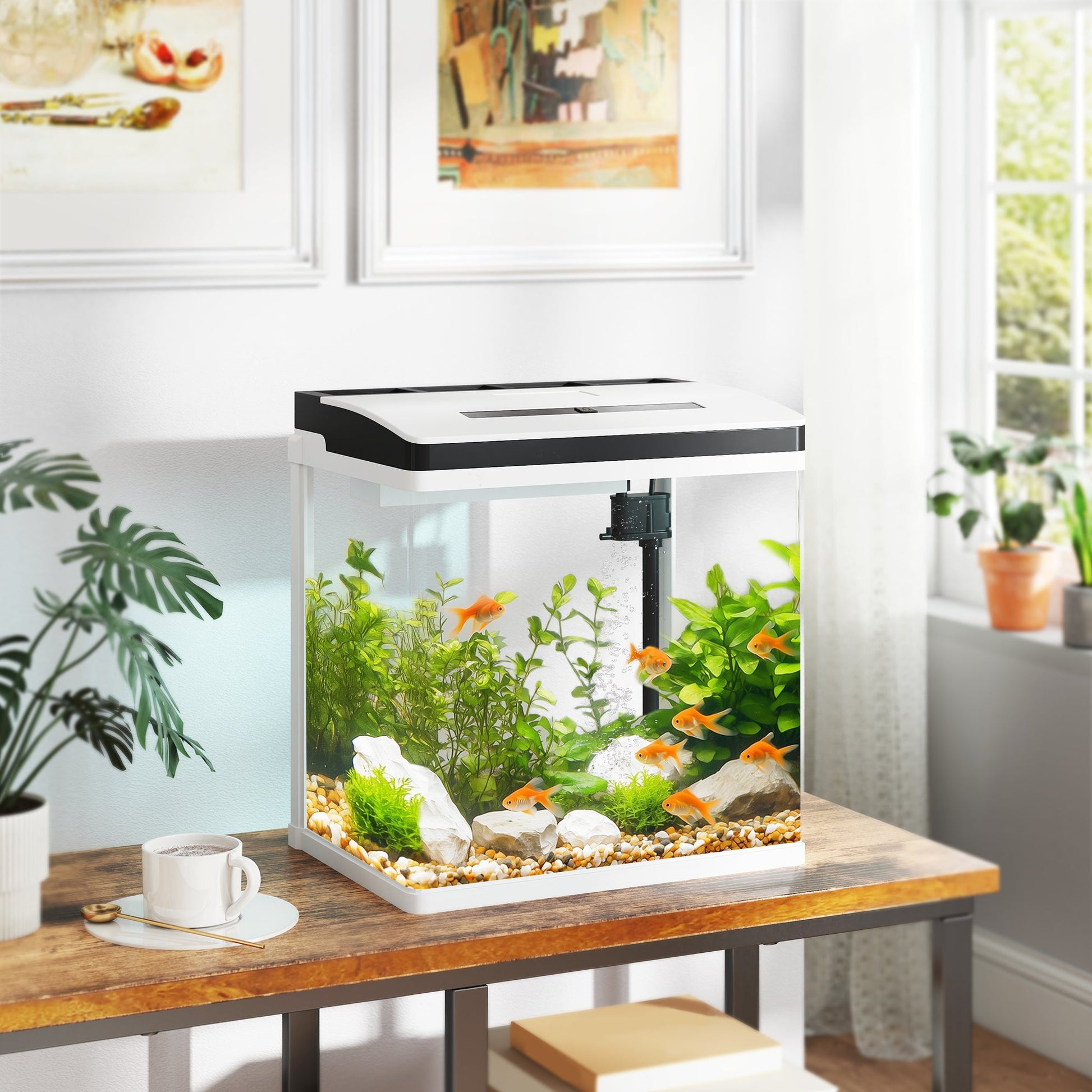 Aquarium, 28L Glass Fish Tank with Filter, LED Lighting, Water Pump, for Bettas, Guppies, Mini Parrot Fishes, Shrimp, Goldfish, 38 x 26 x 39.5cm