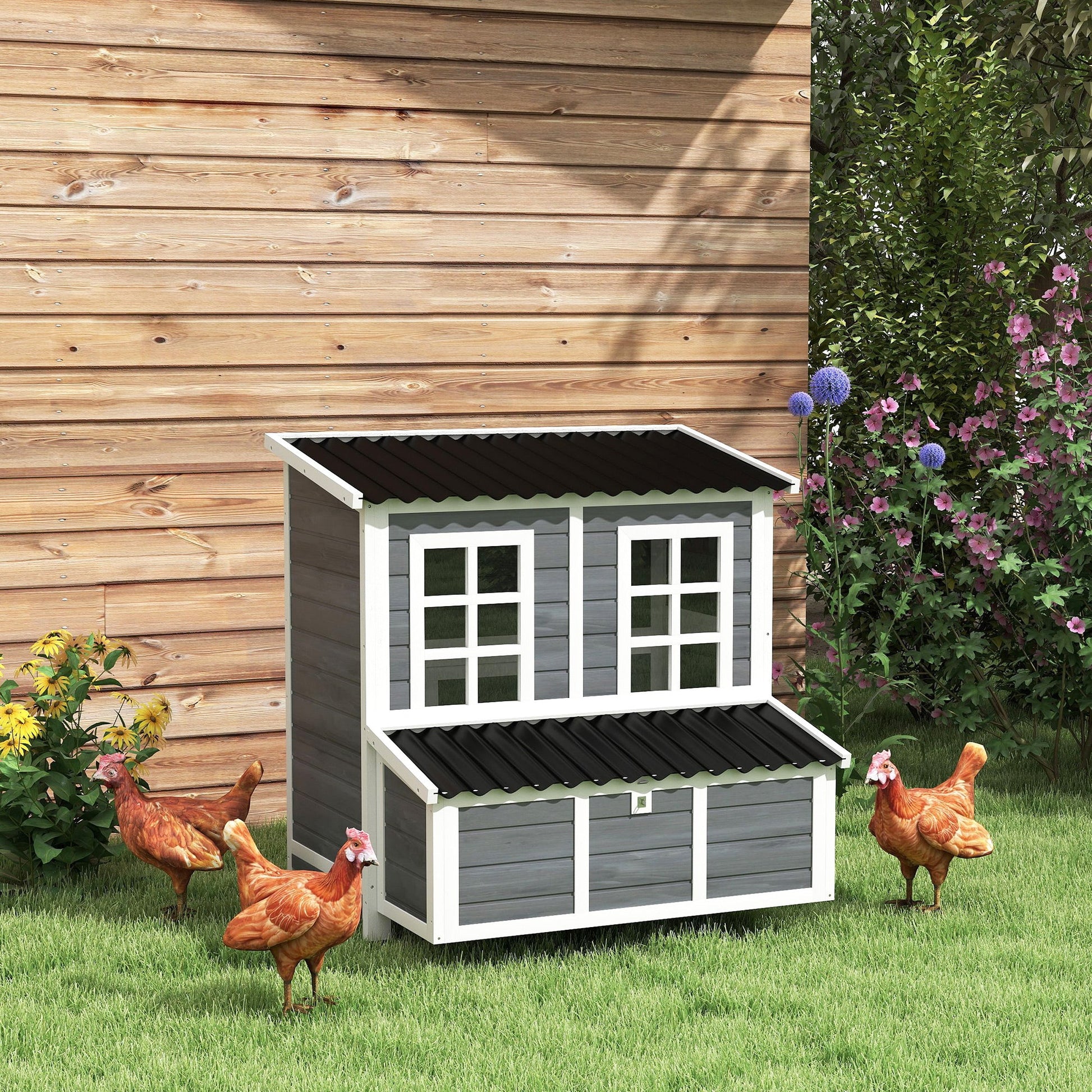 Wooden Chicken Coop with Nesting Box, Hen House Poultry Cage with Slide-Out Tray, Waterproof Roof, Perches, for 4-6 Chickens, 100 x 86 x 100cm