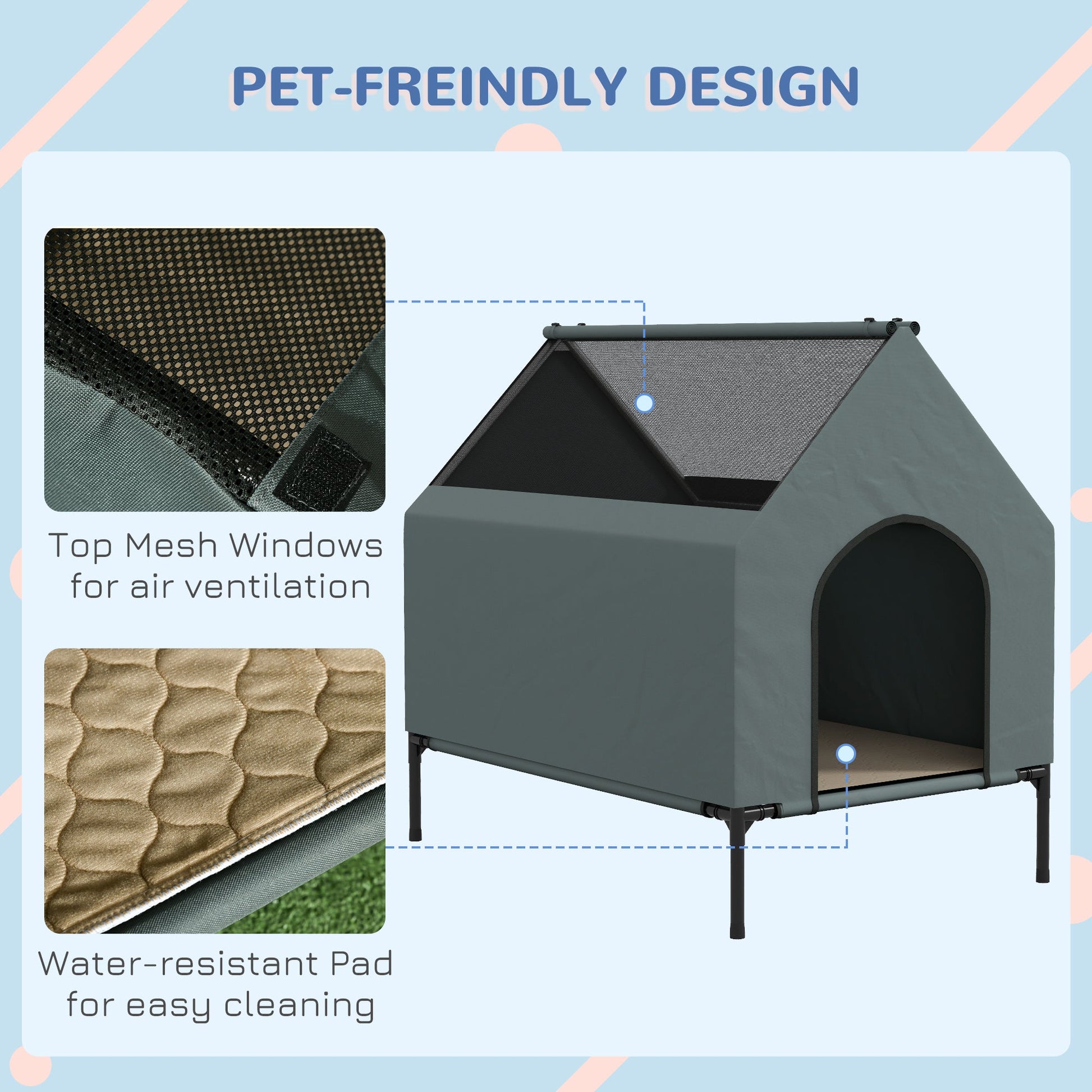 Dog House Outdoor, Elevated Dog House Dog Bed with Removable Cover, Mesh Windows, Storage Bag, for Small and Medium-Sized Dogs, Grey